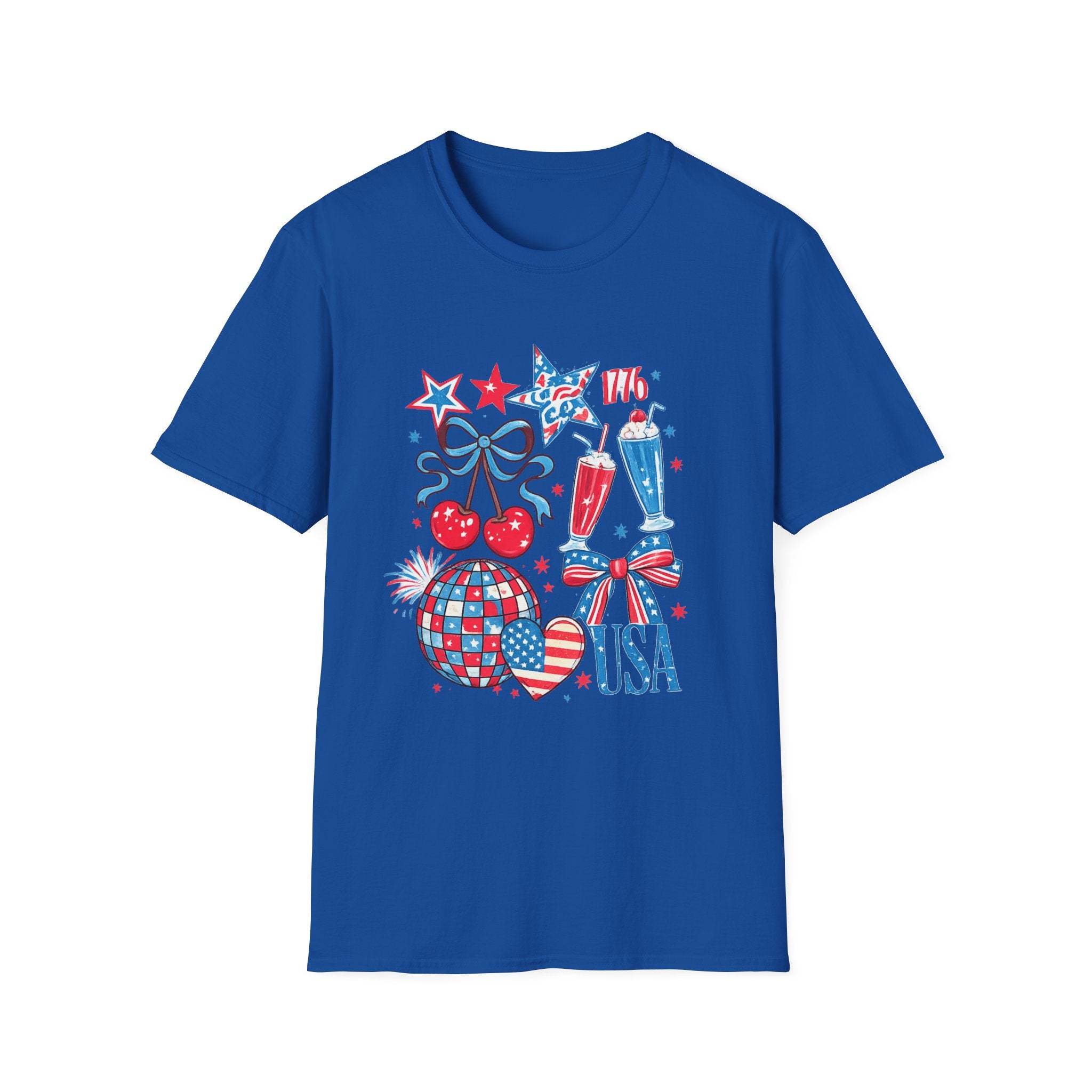 Patriotic 4th of July T-Shirt — USA 1776 Red White Blue Cherry & Soda Design