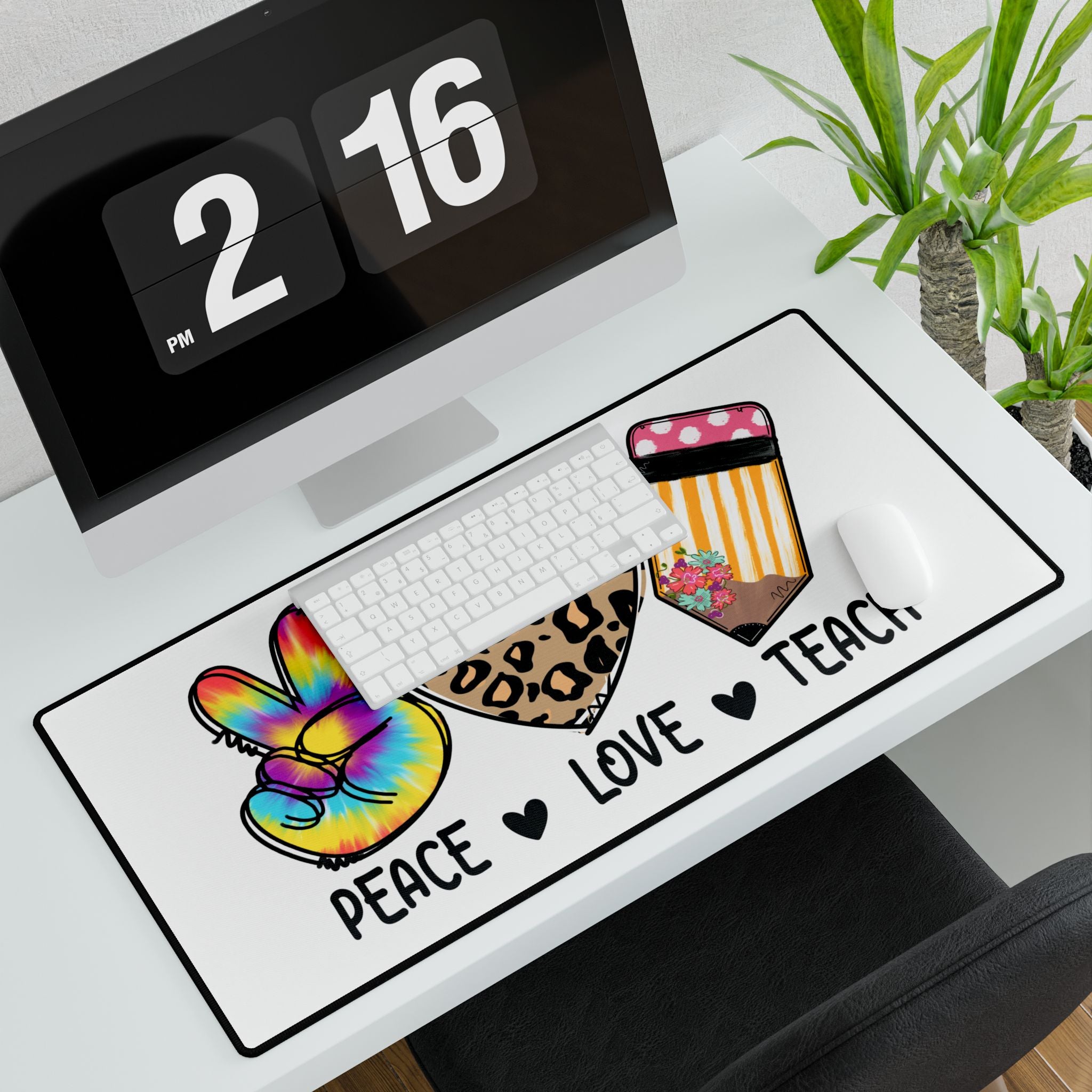 Peace Love Teach Desk Mat — Teacher Desk Pad with Tie-Dye Peace Sign, Leopard Heart & Pencil Design