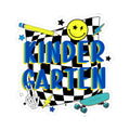 Kindergarten Skateboard Sticker — Retro Checkerboard Smiley Vinyl Kiss-Cut