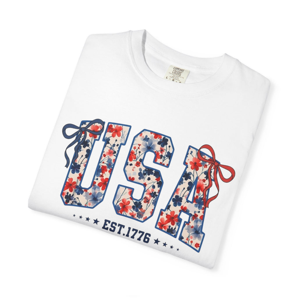 USA Floral Graphic T-Shirt — EST.1776 Patriotic Fourth of July Tee