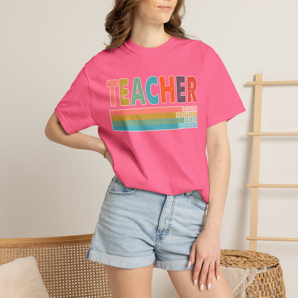 Teacher Rainbow Stripes T-Shirt — Retro Colorful Educator Tee