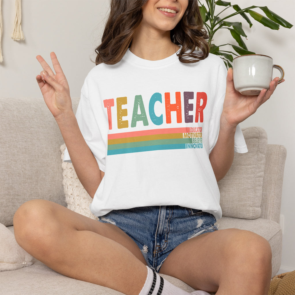 Teacher Rainbow Stripes T-Shirt — Retro Colorful Educator Tee