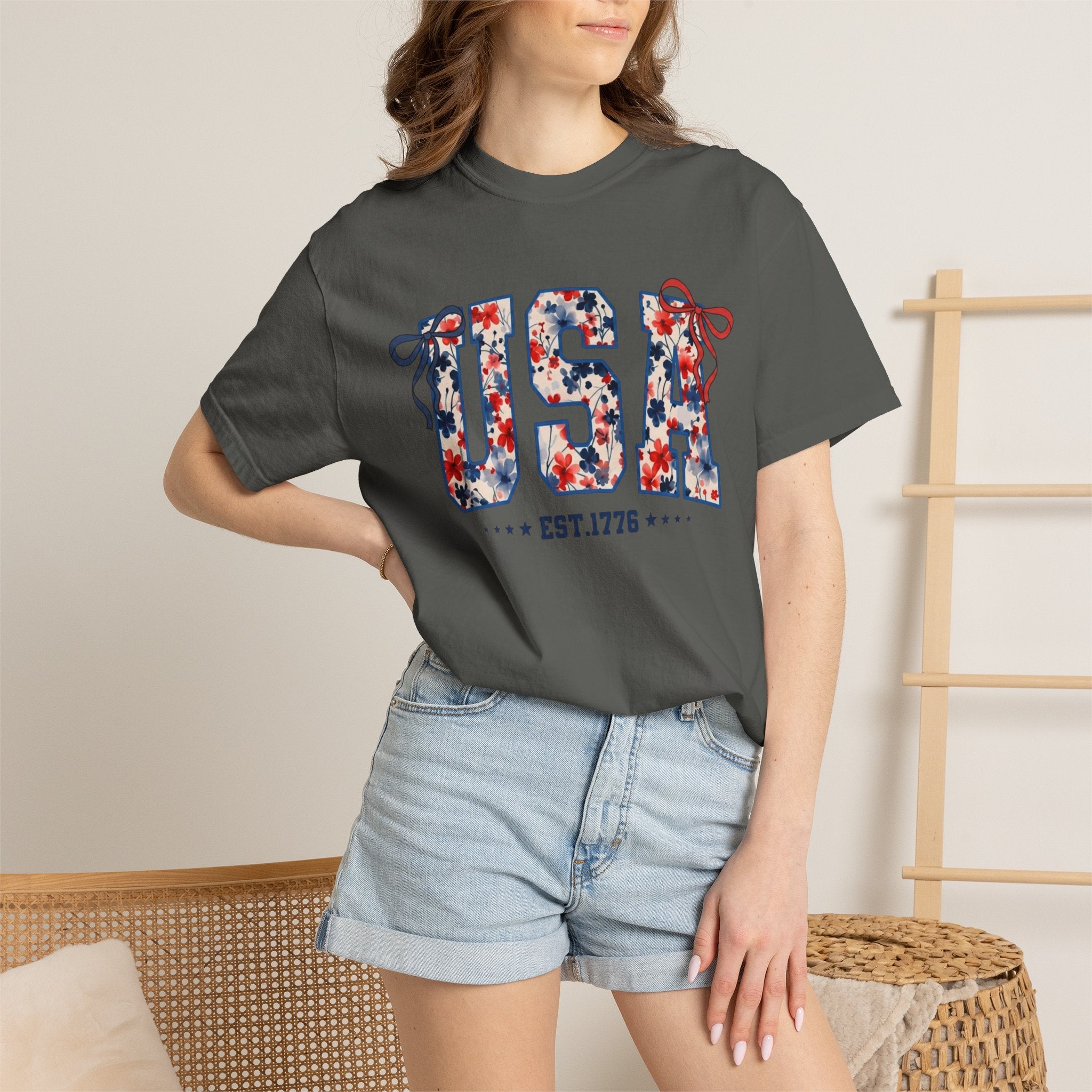 USA Floral Graphic T-Shirt — EST.1776 Patriotic Fourth of July Tee