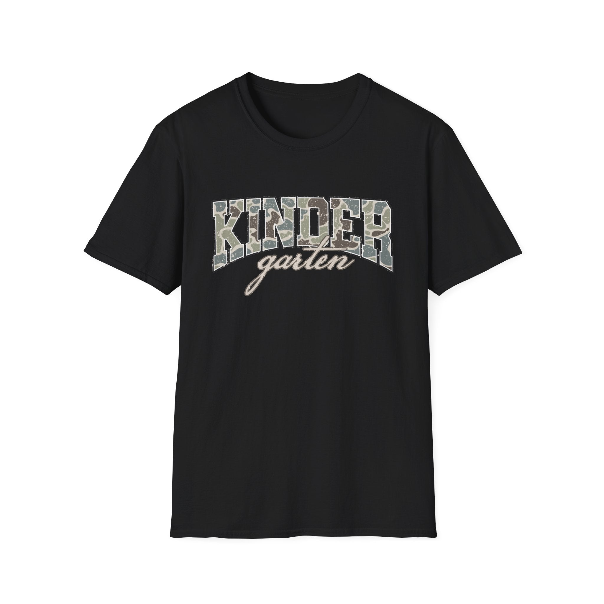 Kindergarten Camo T-Shirt — 'Kindergarten' Script & Camo Block Design