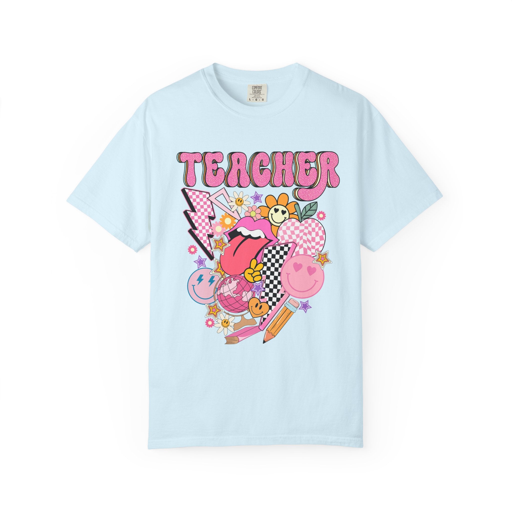 Teacher Retro Pop Graphic T‑Shirt — Cute Pink School Staff Shirt