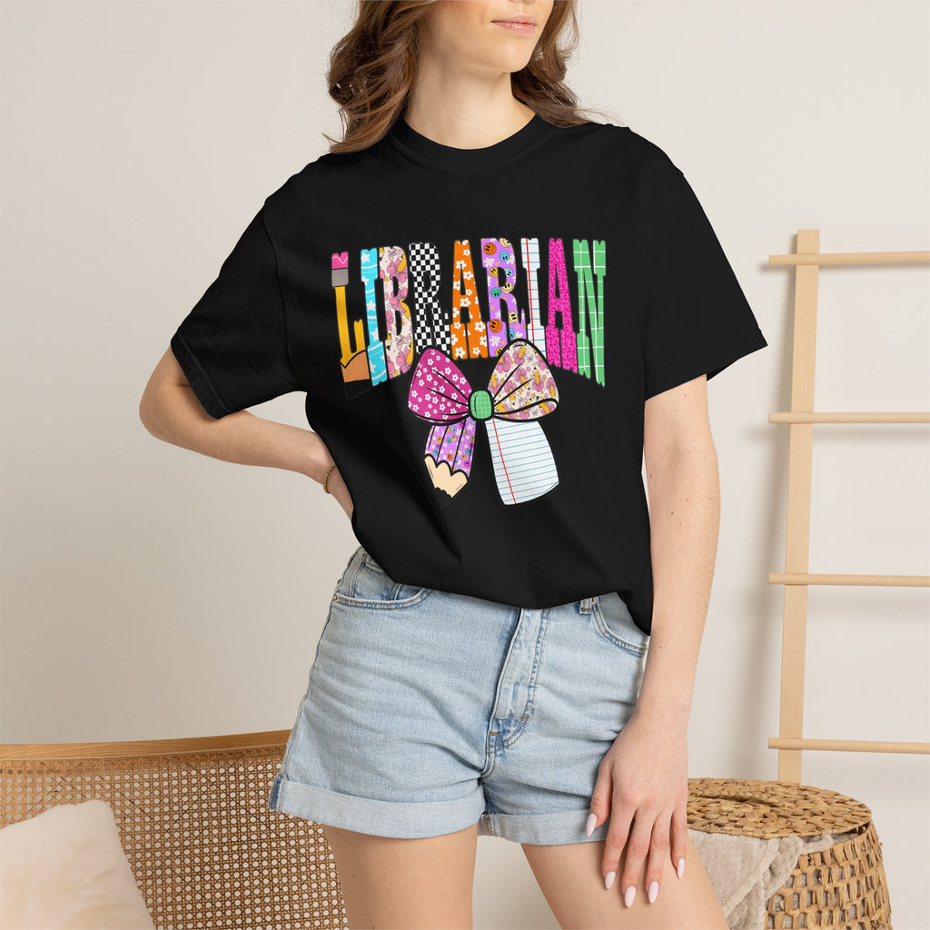 Librarian Graphic T‑Shirt — Colorful Bookish Bow Design