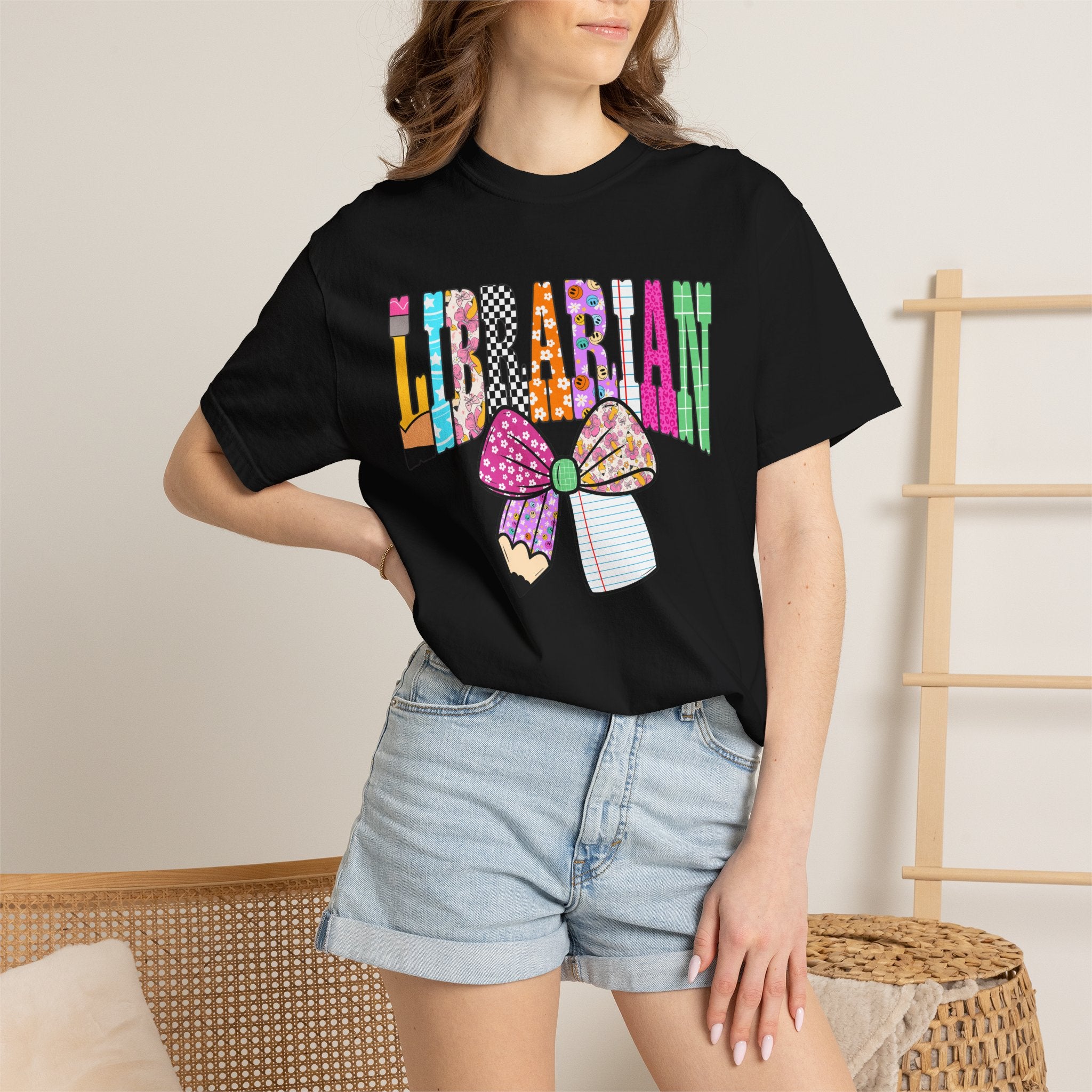 Librarian Graphic T‑Shirt — Colorful Bookish Bow Design