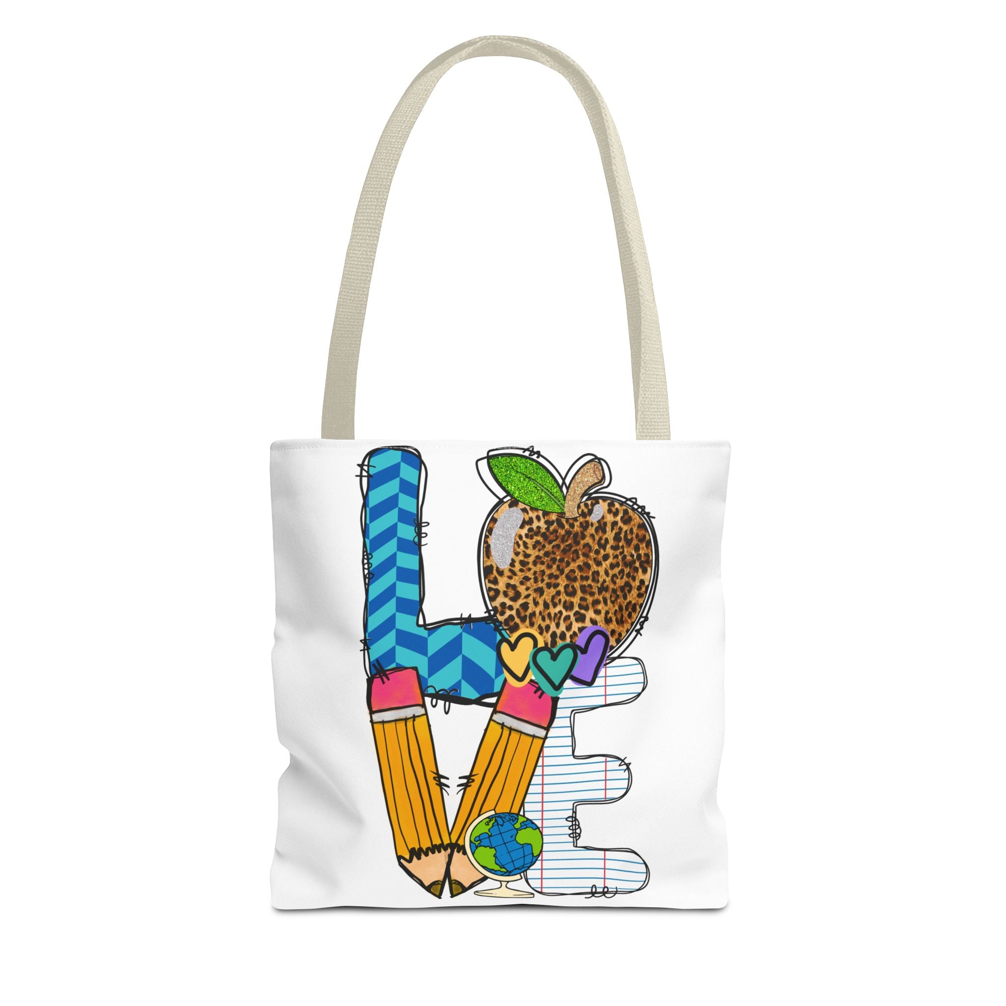 Love Teacher Tote Bag — Colorful School Apple & Pencil AOP Tote