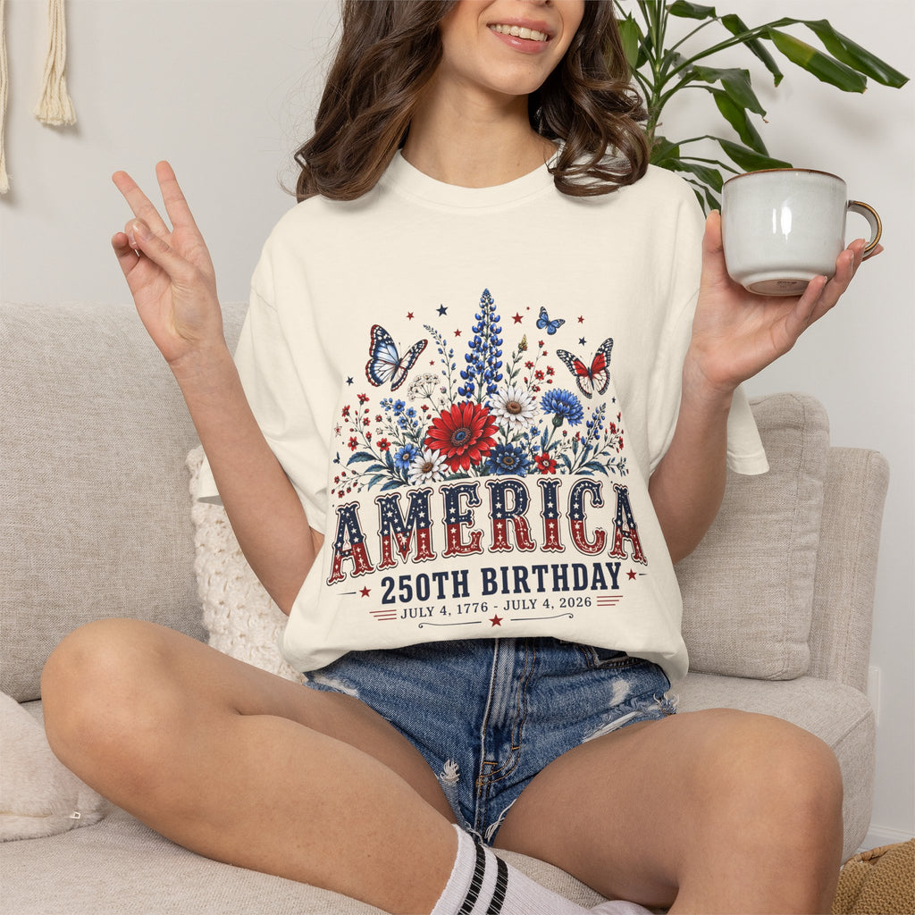 America 250th Birthday T-Shirt — Patriotic Floral July 4th Tee