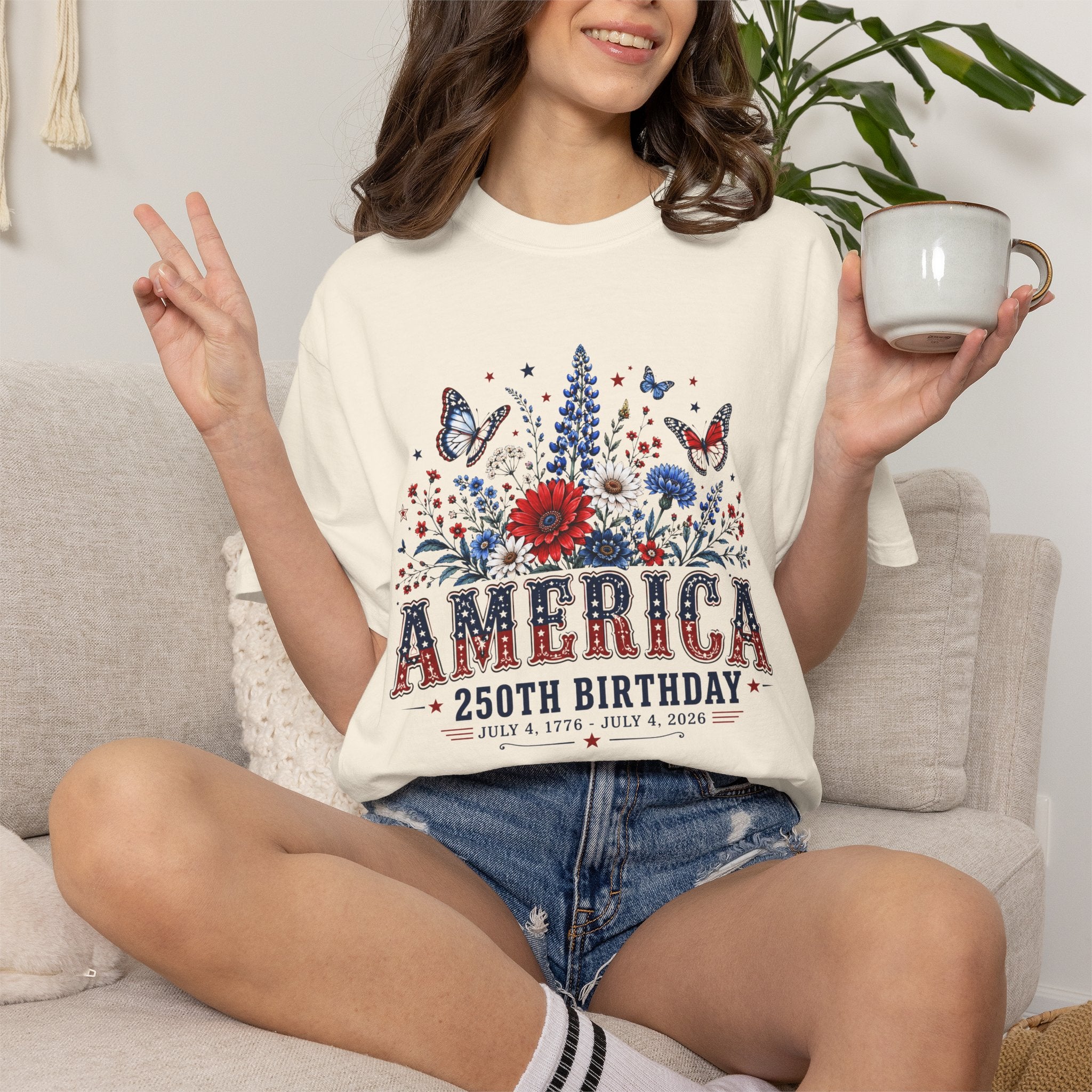 America 250th Birthday T-Shirt — Patriotic Floral July 4th Tee