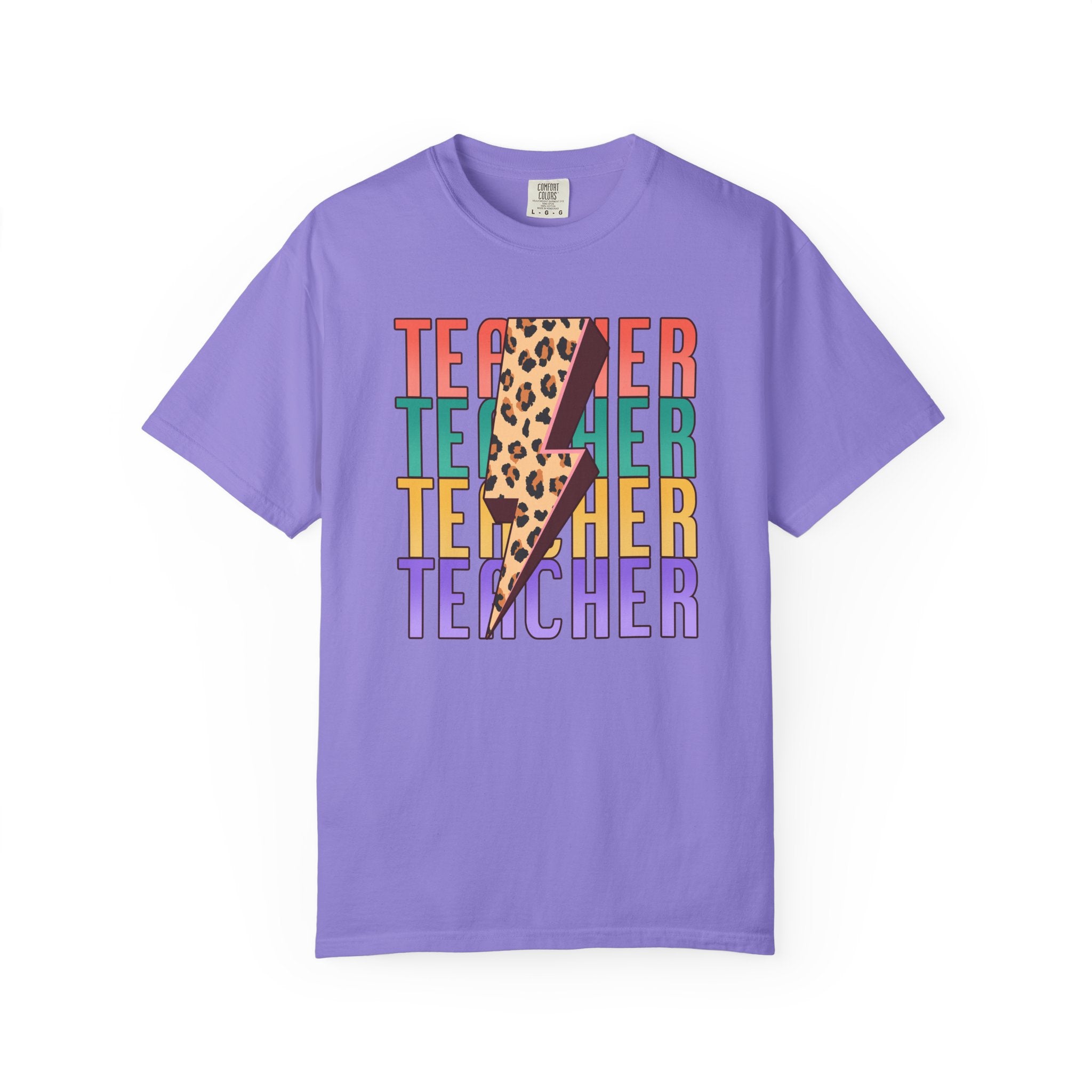 Teacher Lightning Bolt Leopard Print T‑Shirt — Colorful Retro Teacher Tee