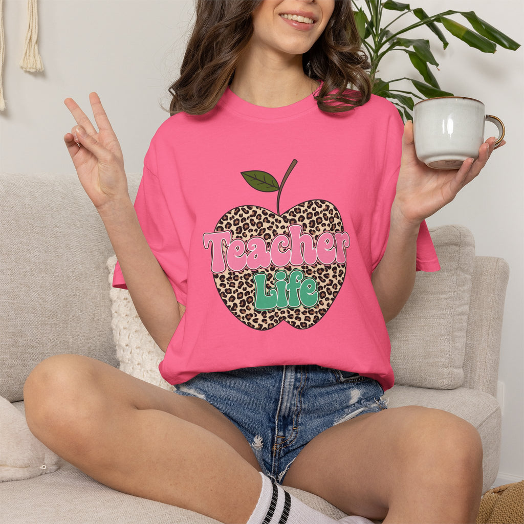 Teacher Life T-Shirt — Leopard Apple Graphic Tee for Educators