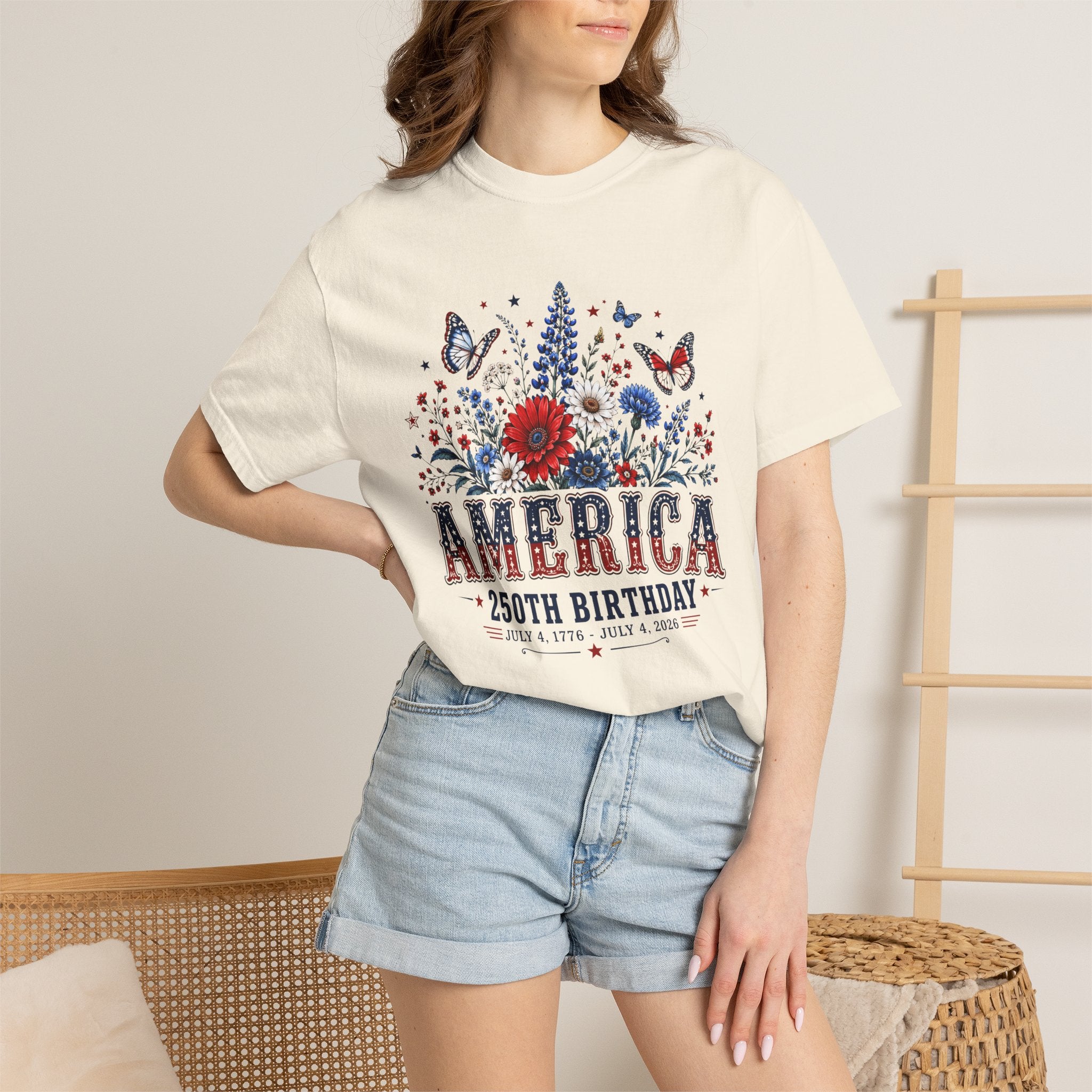 America 250th Birthday T-Shirt — Patriotic Floral July 4th Tee