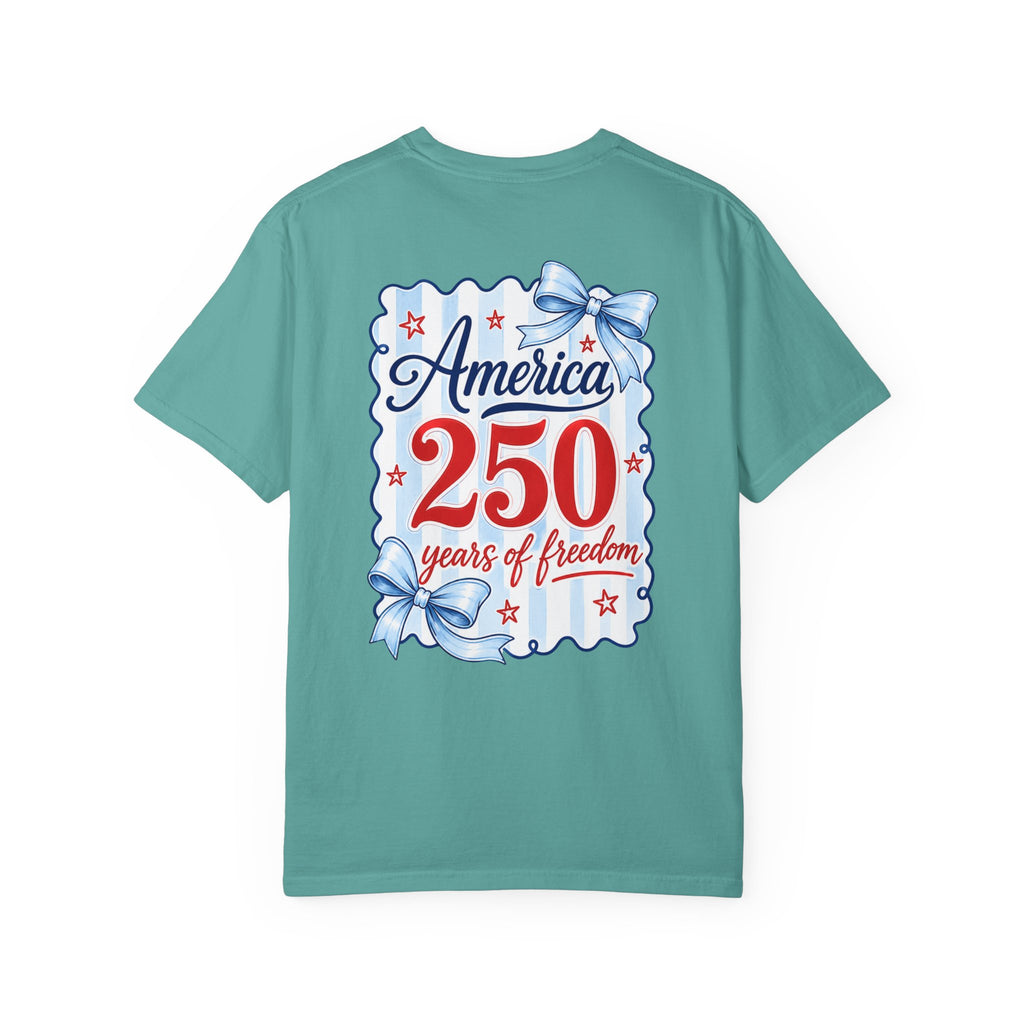 America 250 Years of Freedom T-Shirt — Patriotic 4th of July Tee with Blue Ribbon Design