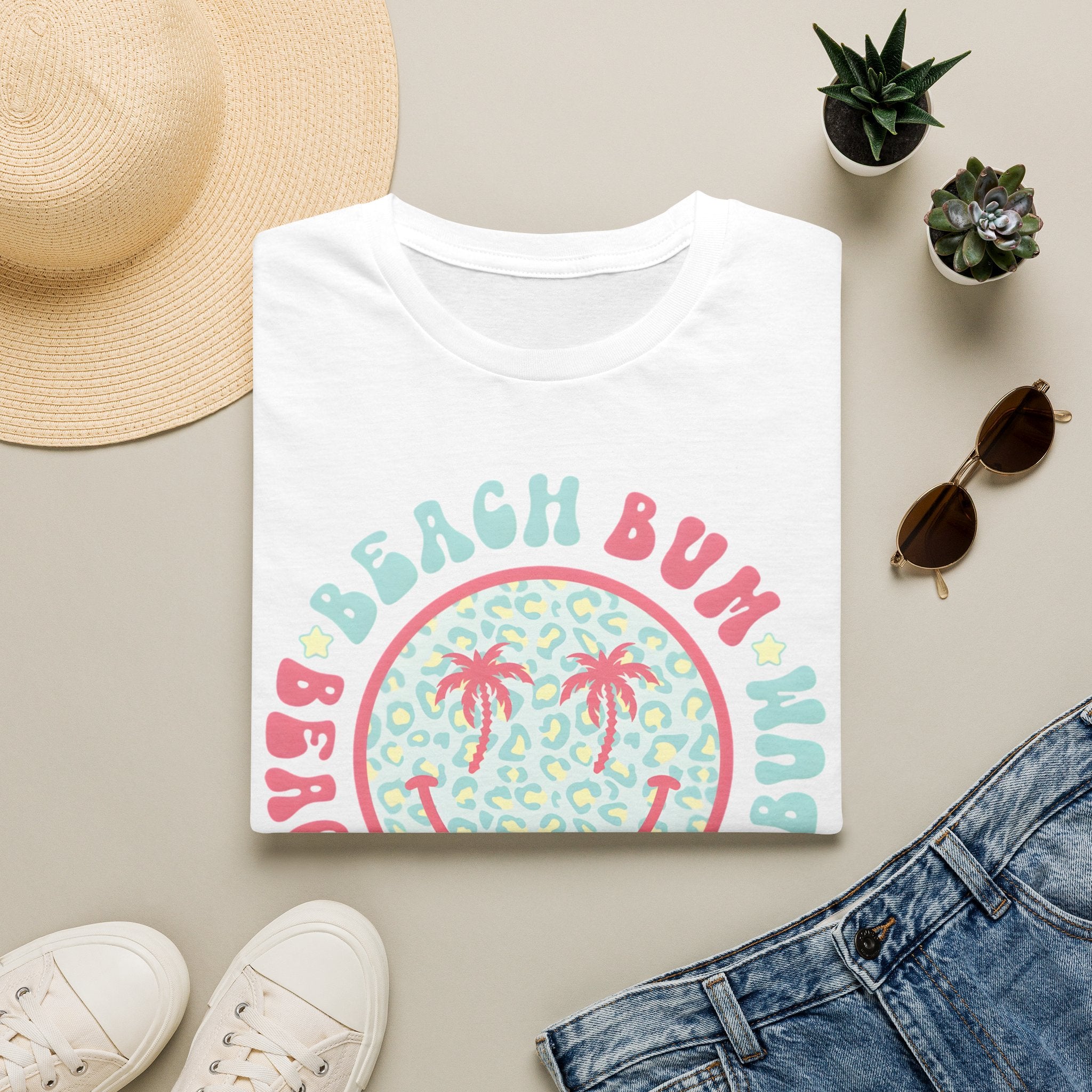 Beach Bum Smiley T-Shirt — Pastel Palm Tree Graphic
