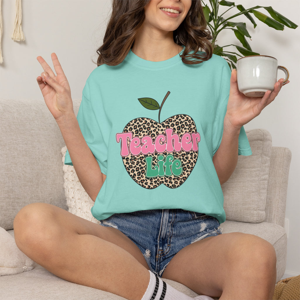 Teacher Life T-Shirt — Leopard Apple Graphic Tee for Educators