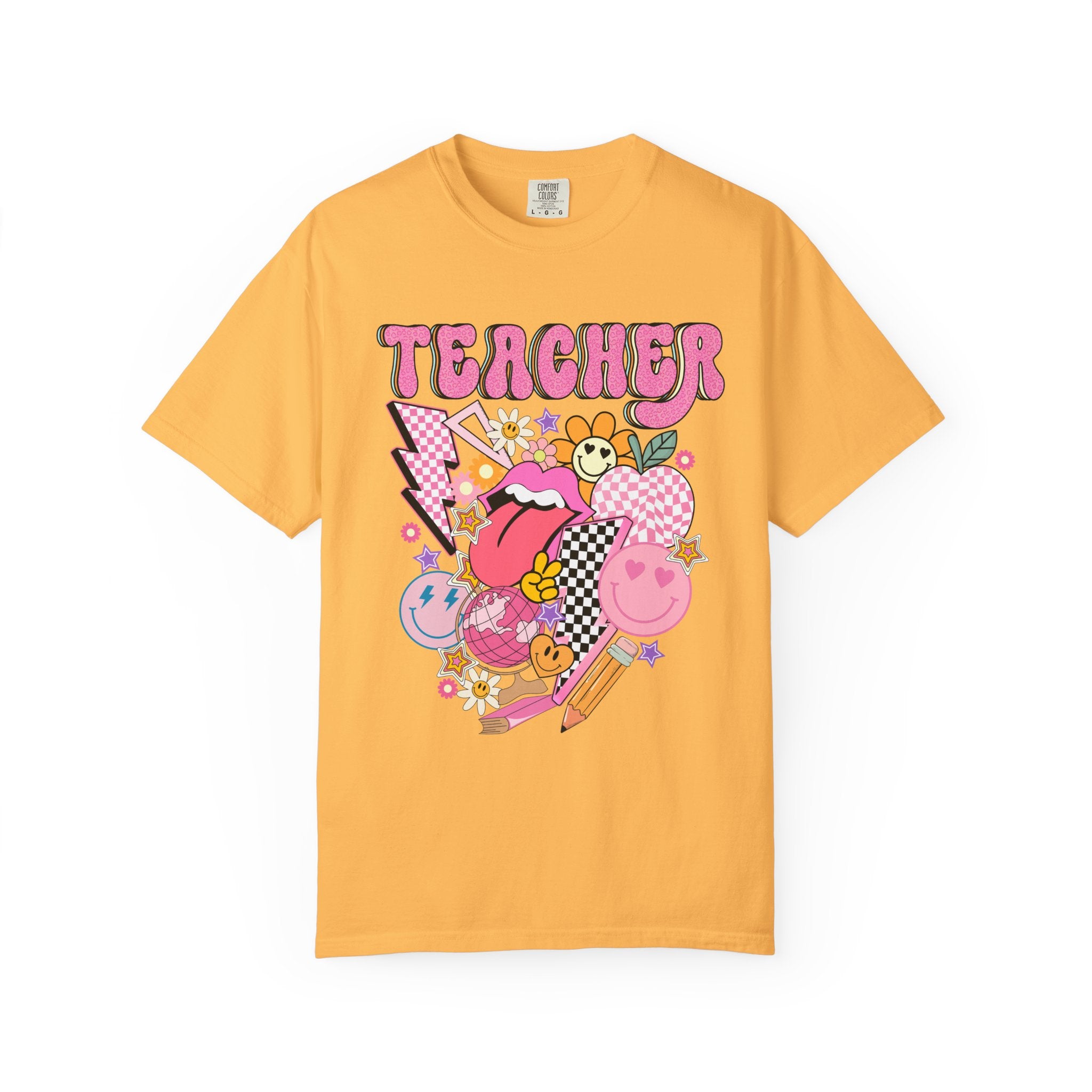 Teacher Retro Pop Graphic T‑Shirt — Cute Pink School Staff Shirt