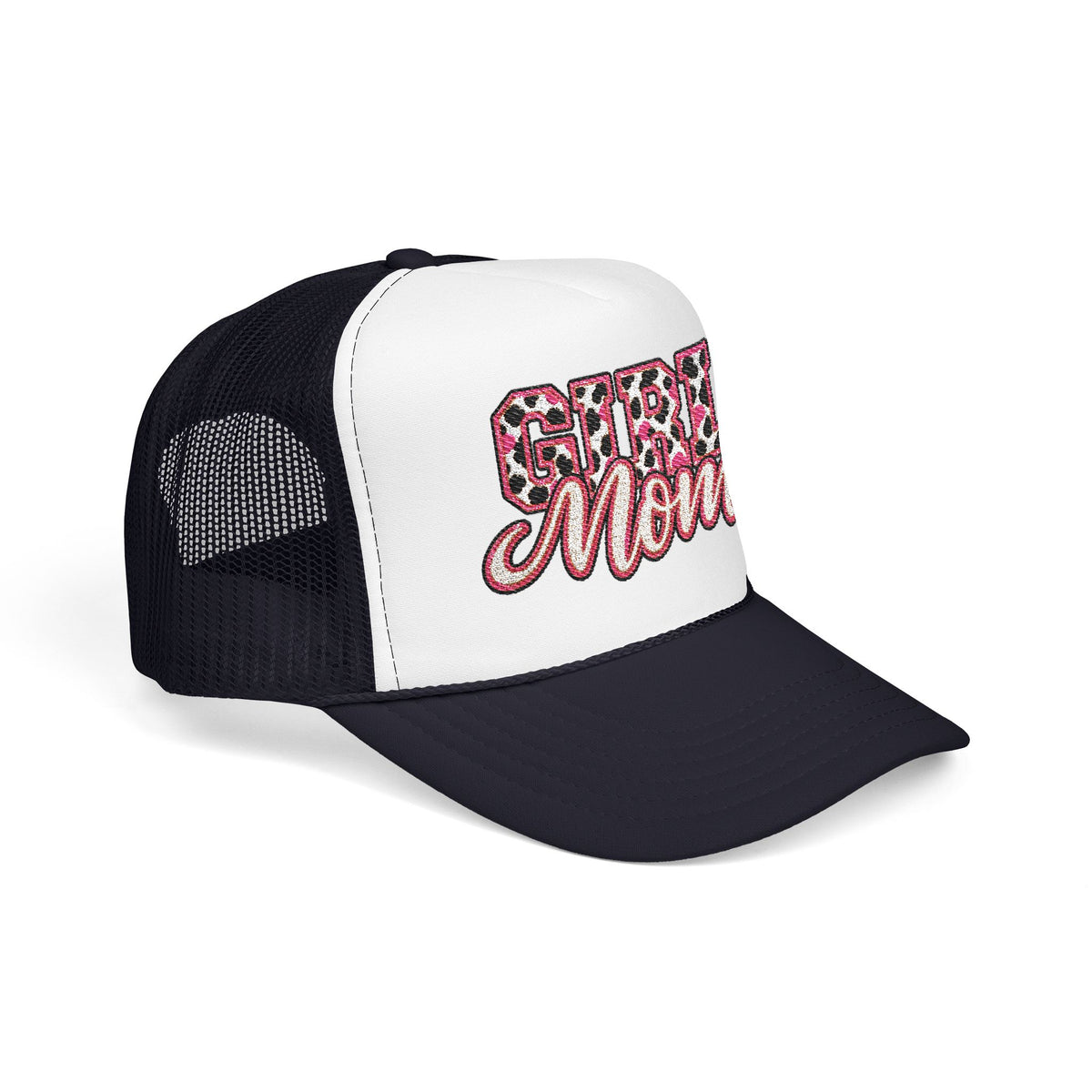 Girl Mom Leopard Foam Trucker Hat — Pink Glitter Script Mesh Cap