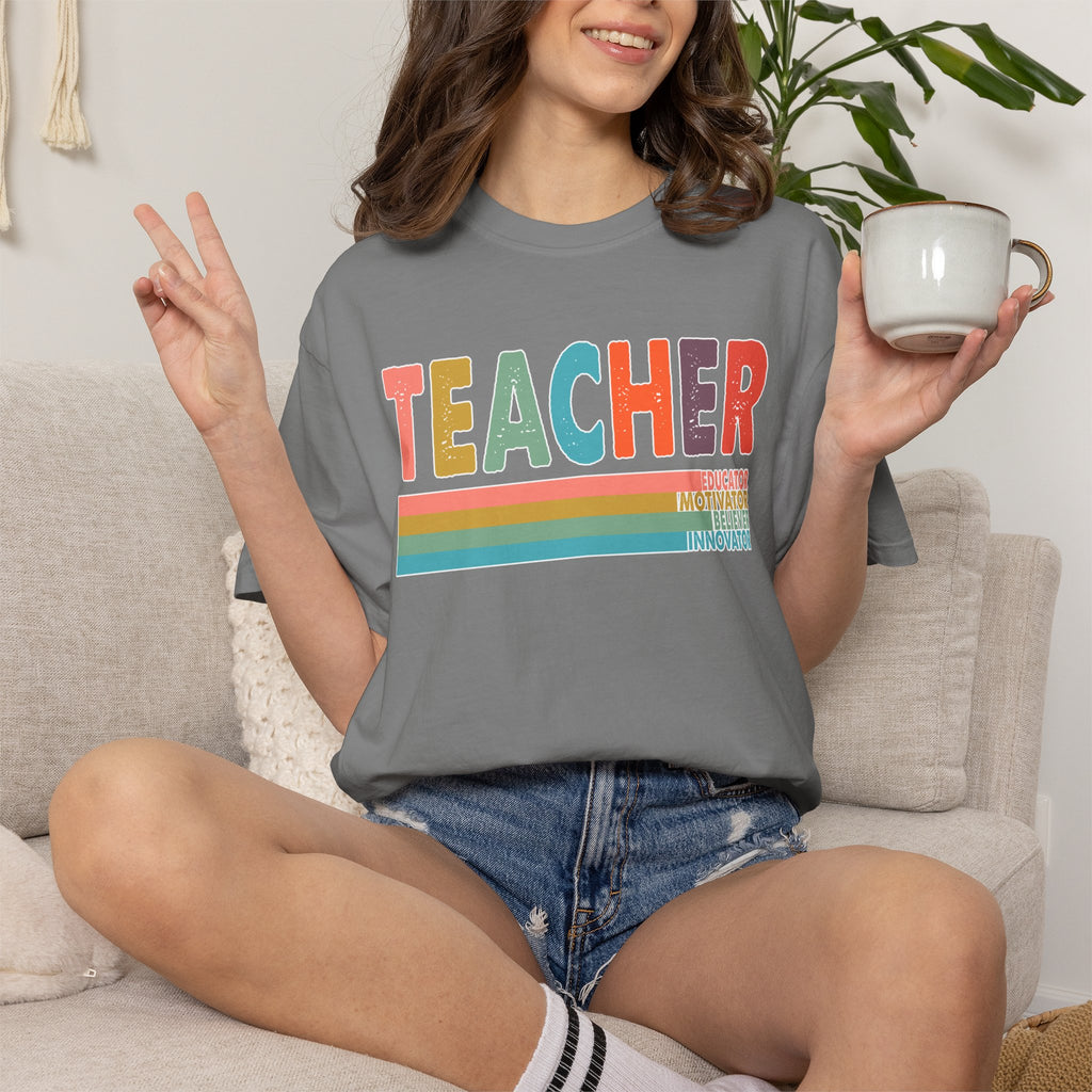 Teacher Rainbow Stripes T-Shirt — Retro Colorful Educator Tee
