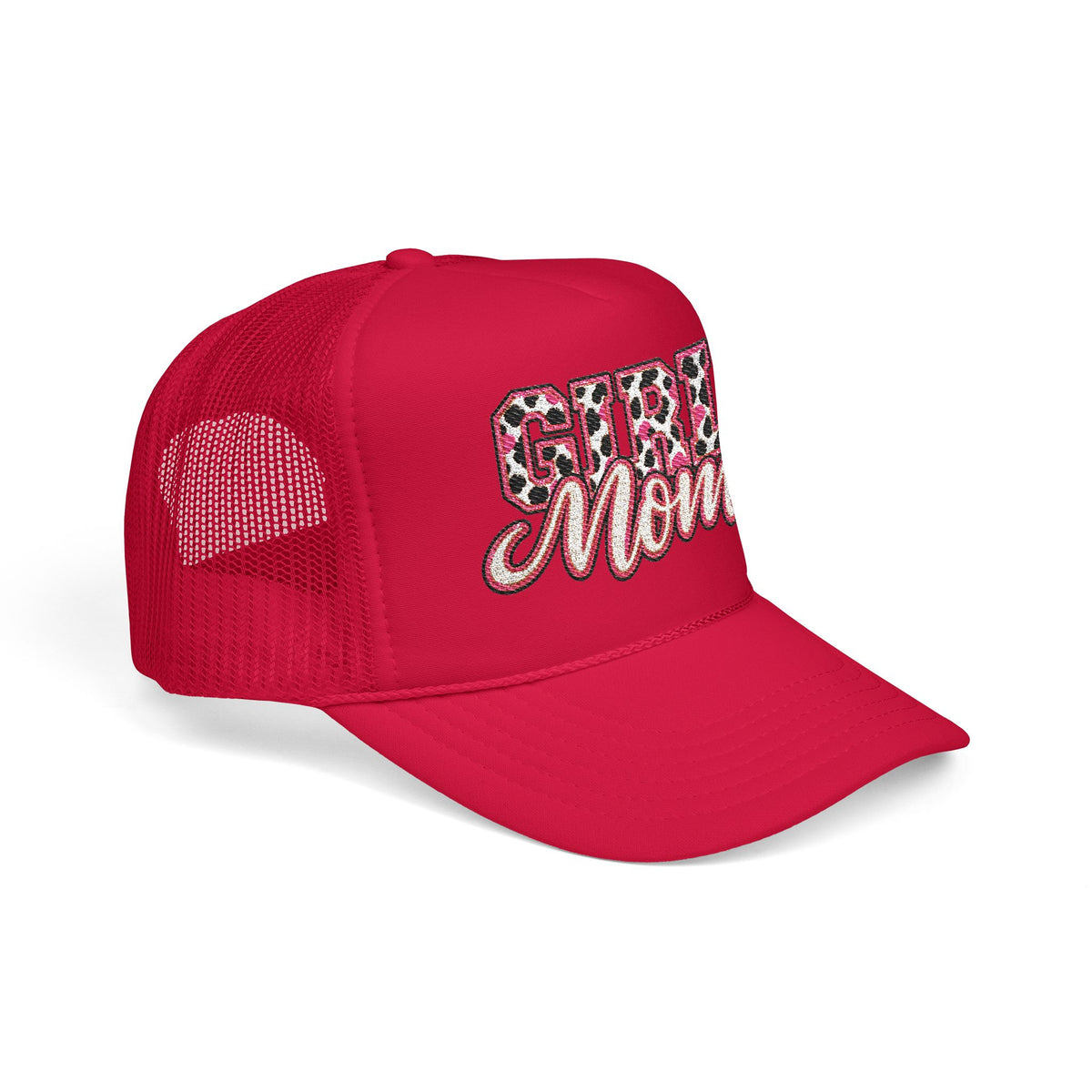Girl Mom Leopard Foam Trucker Hat — Pink Glitter Script Mesh Cap