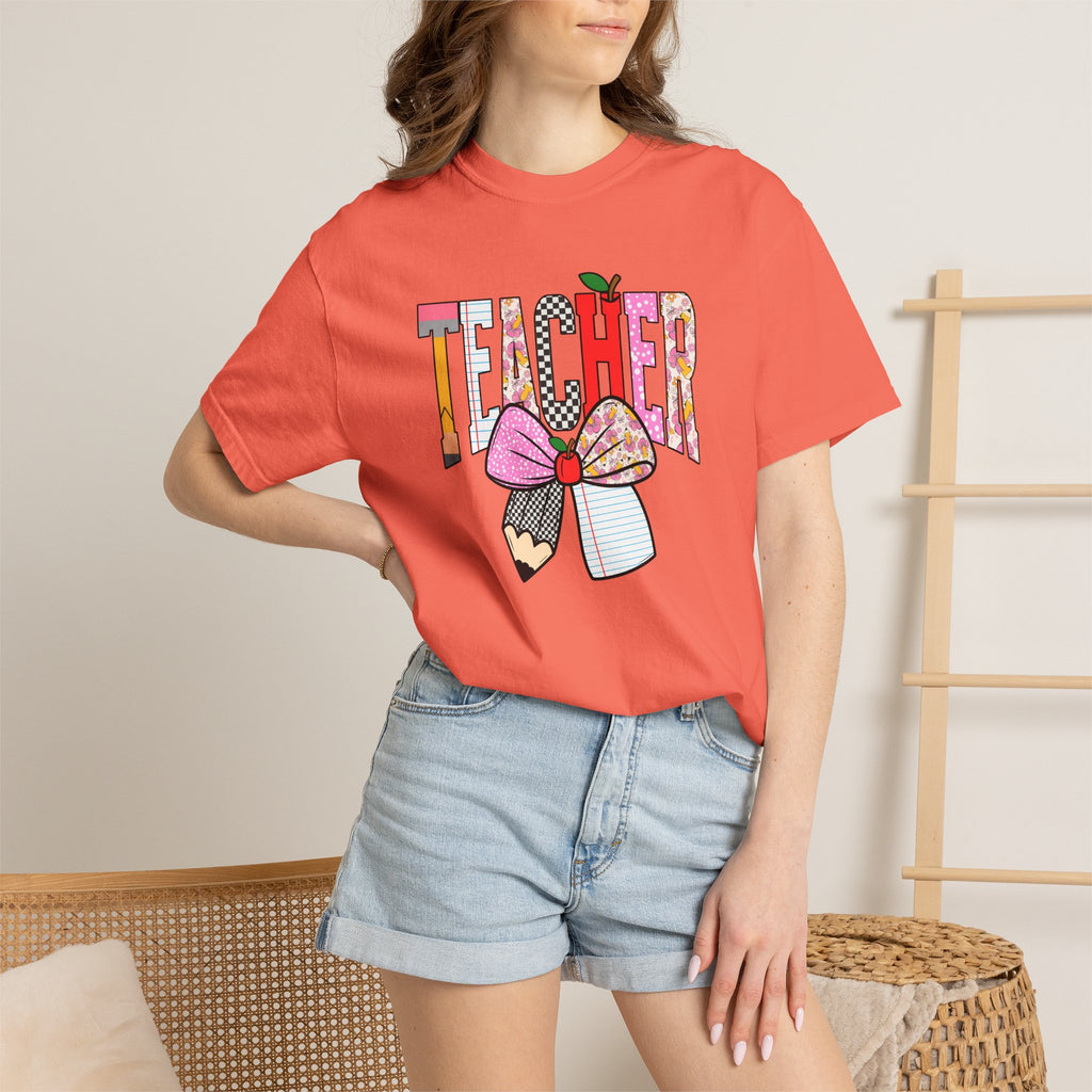 Teacher Graphic T-Shirt — Colorful Pencil & Bow Design