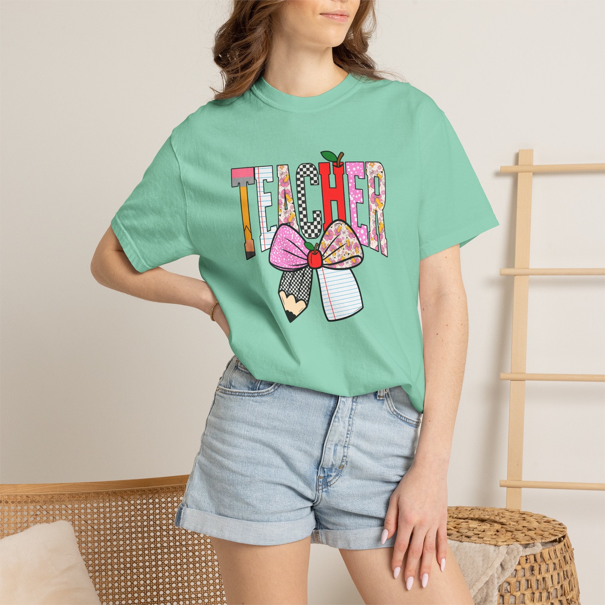 Teacher Graphic T-Shirt — Colorful Pencil & Bow Design