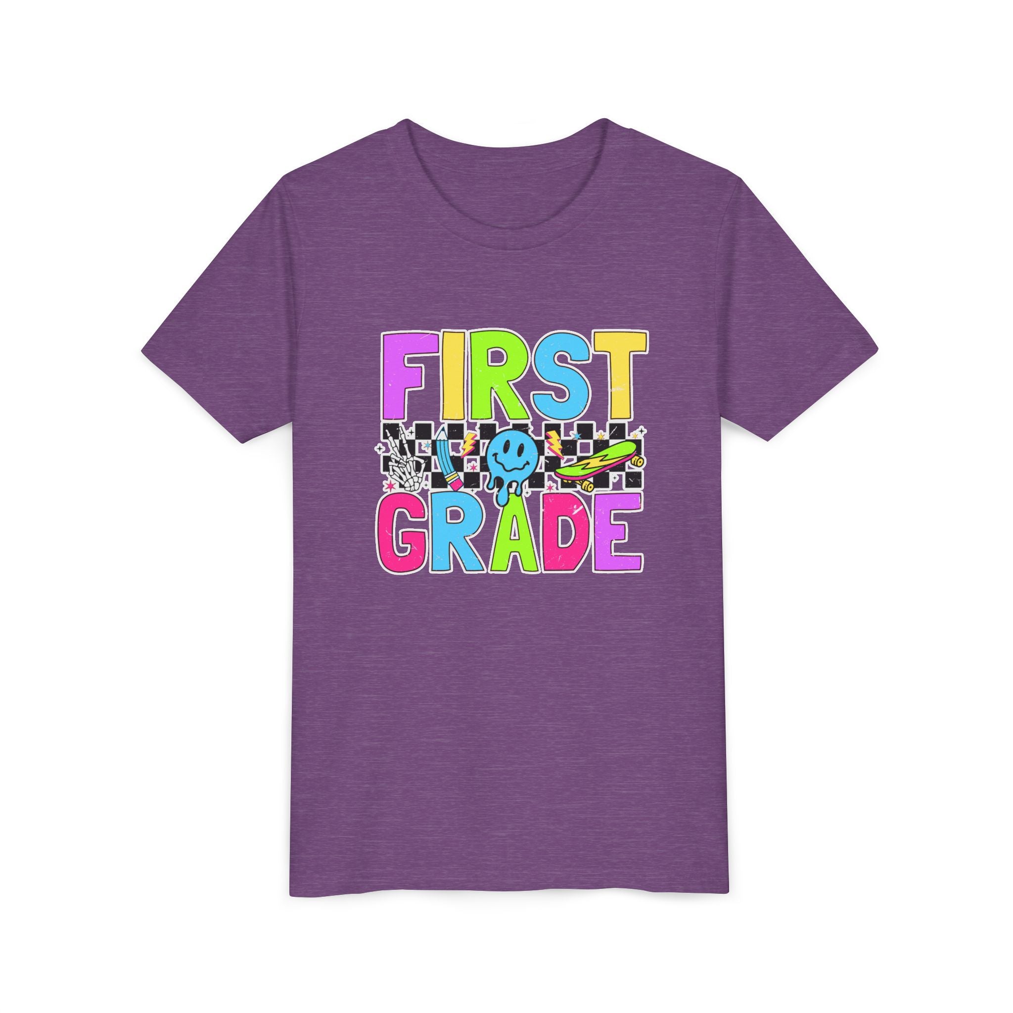 First Grade Youth T‑Shirt — Colorful Checkerboard Smile Back‑to‑School Tee
