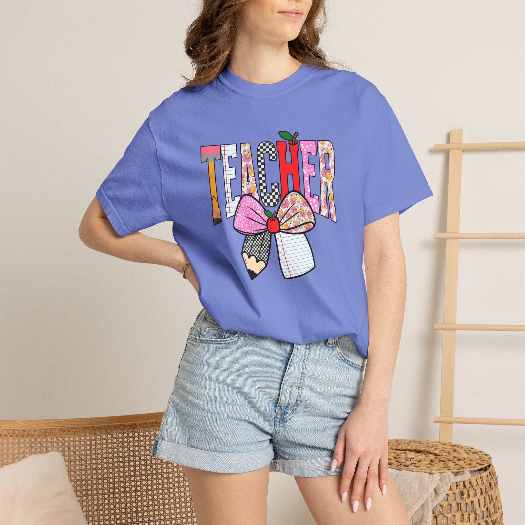 Teacher Graphic T-Shirt — Colorful Pencil & Bow Design