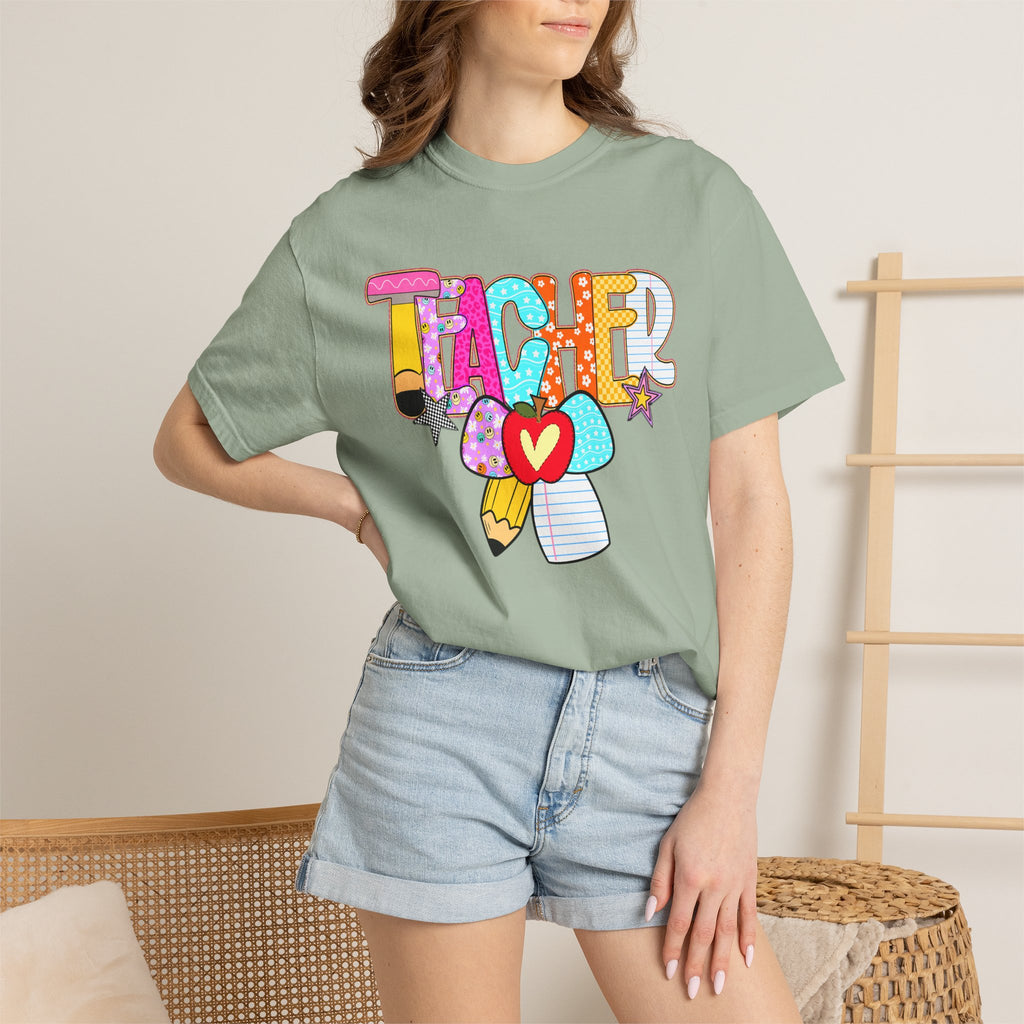 Teacher Doodle Graphic T‑Shirt — Colorful Pencil & Apple School Design