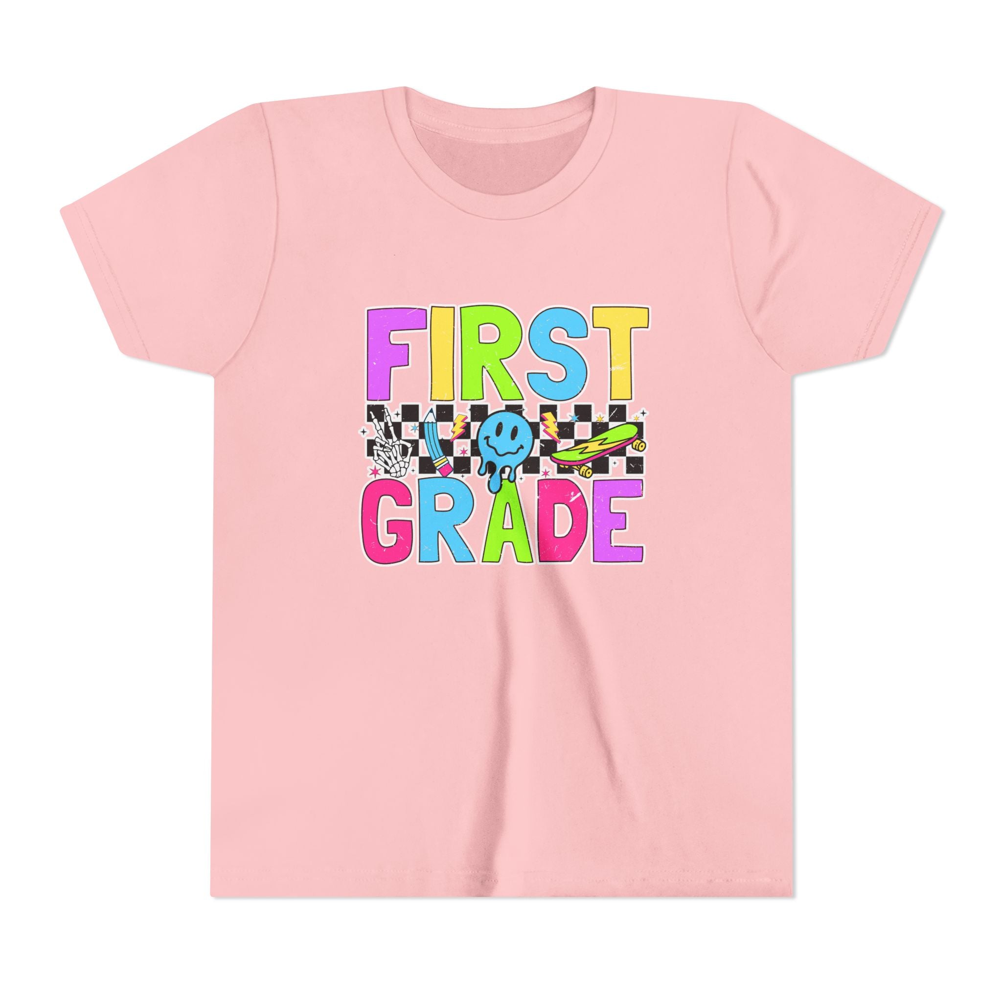 First Grade Youth T‑Shirt — Colorful Checkerboard Smile Back‑to‑School Tee
