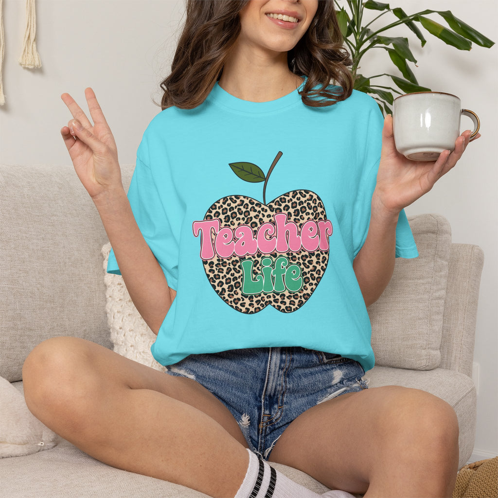 Teacher Life T-Shirt — Leopard Apple Graphic Tee for Educators