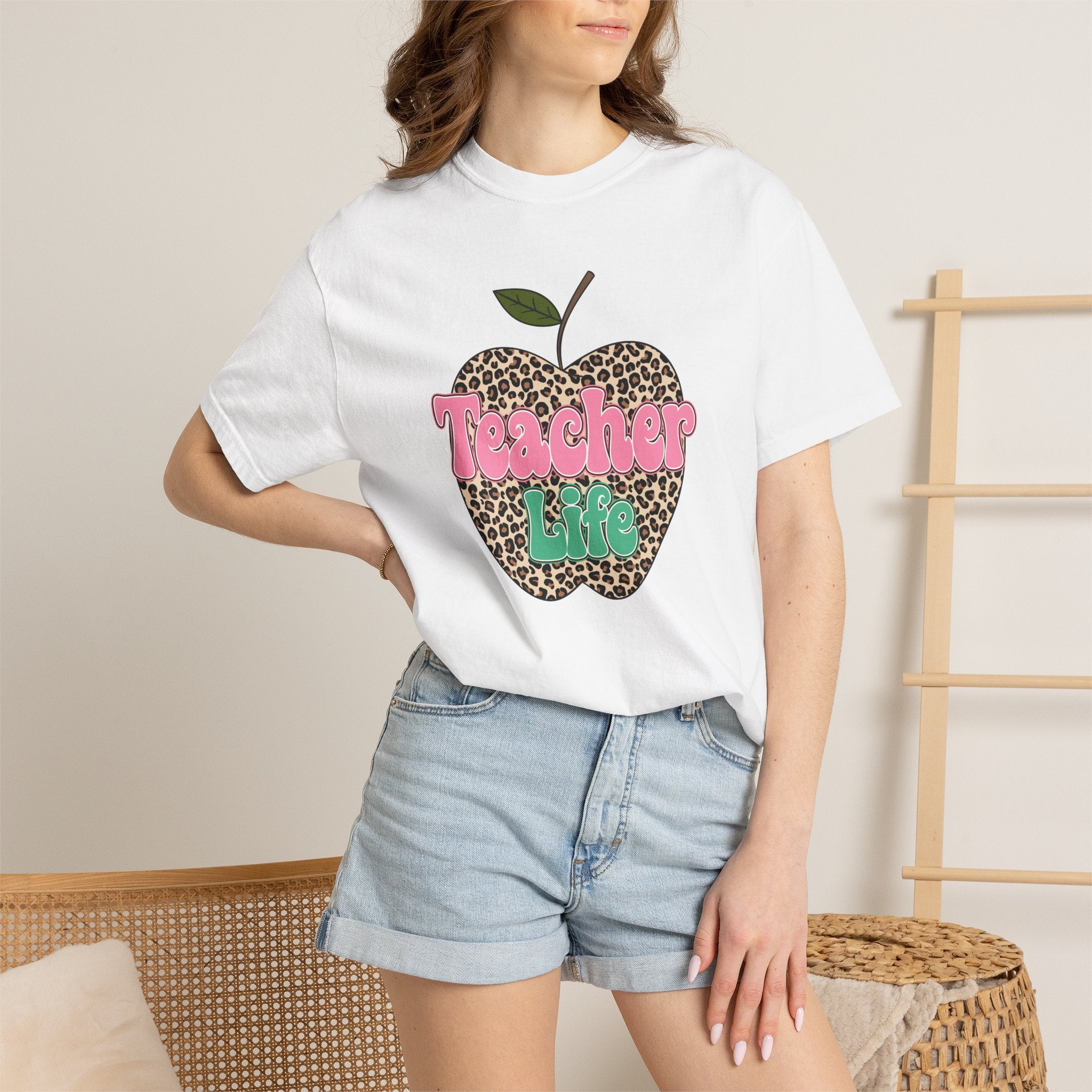Teacher Life T-Shirt — Leopard Apple Graphic Tee for Educators