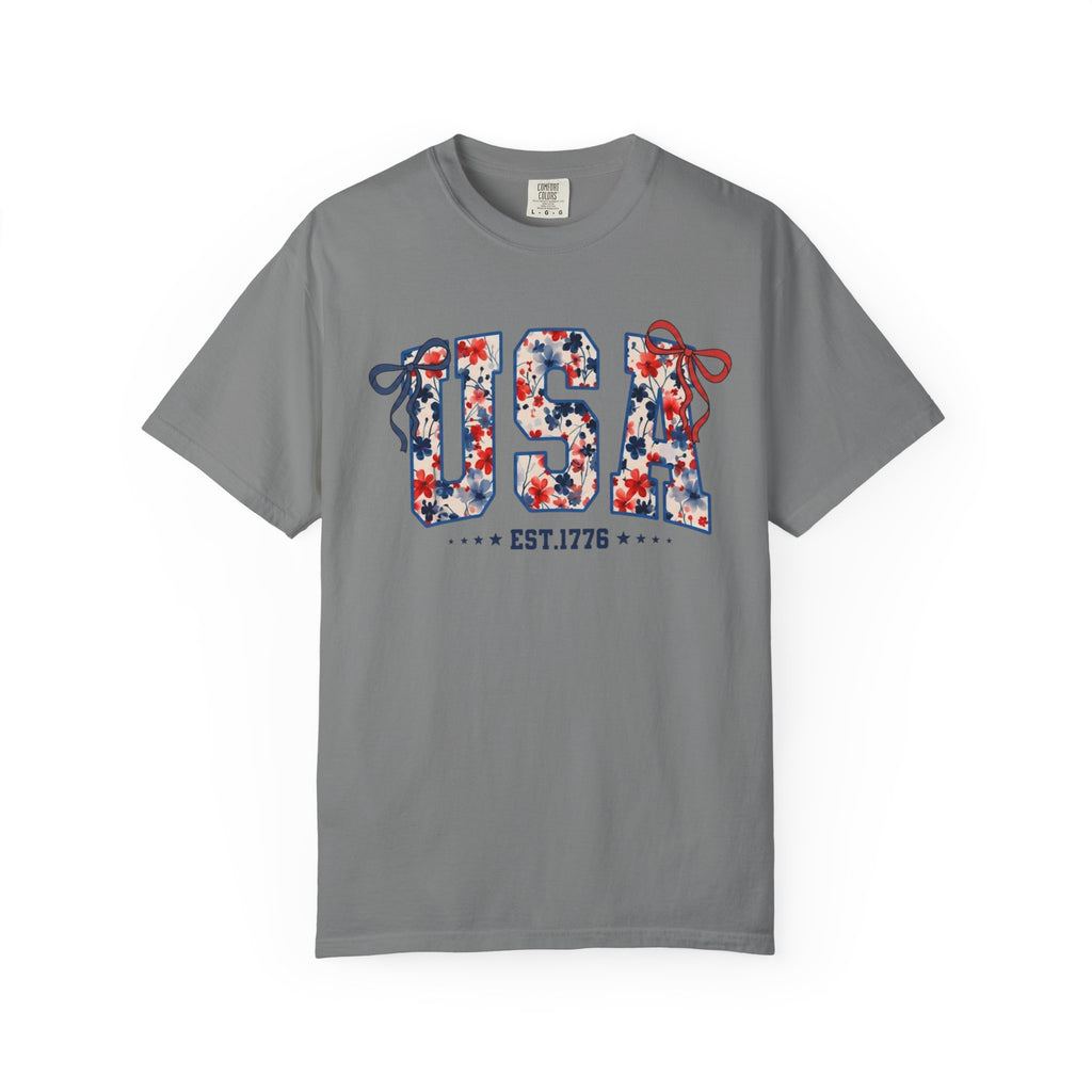 USA Floral Graphic T-Shirt — EST.1776 Patriotic Fourth of July Tee