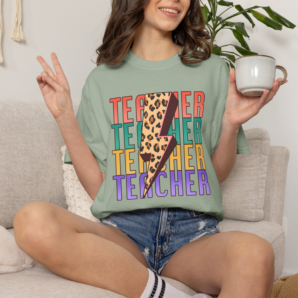 Teacher Lightning Bolt Leopard Print T‑Shirt — Colorful Retro Teacher Tee