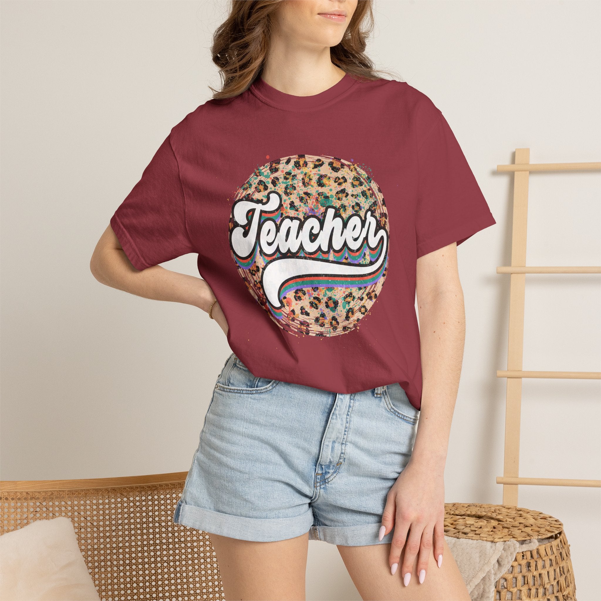 Teacher Leopard Circle T-Shirt — Retro Rainbow Script Tee for Educators