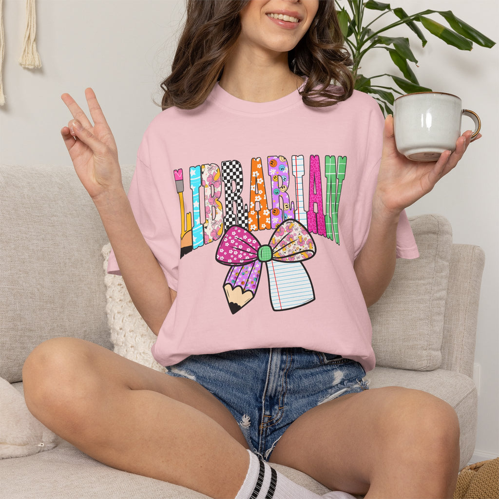 Librarian Graphic T‑Shirt — Colorful Bookish Bow Design