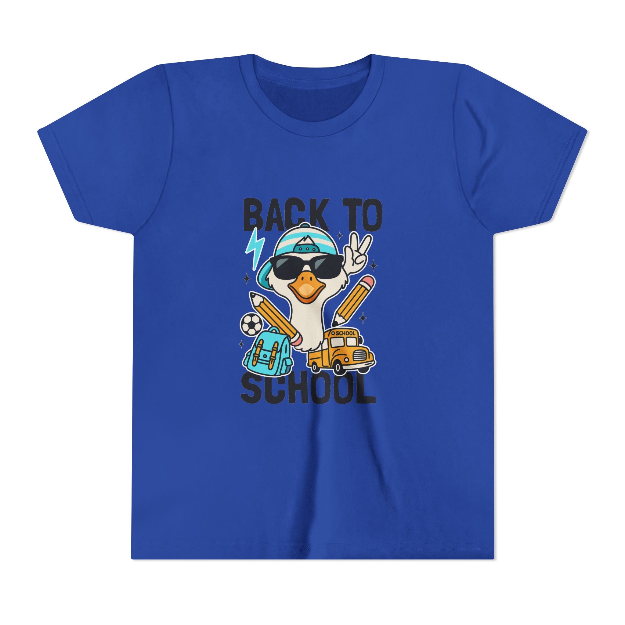 Back to School Duck Youth Tee — Cute Kids School Shirt with Backpack, Bus & Pencil Design