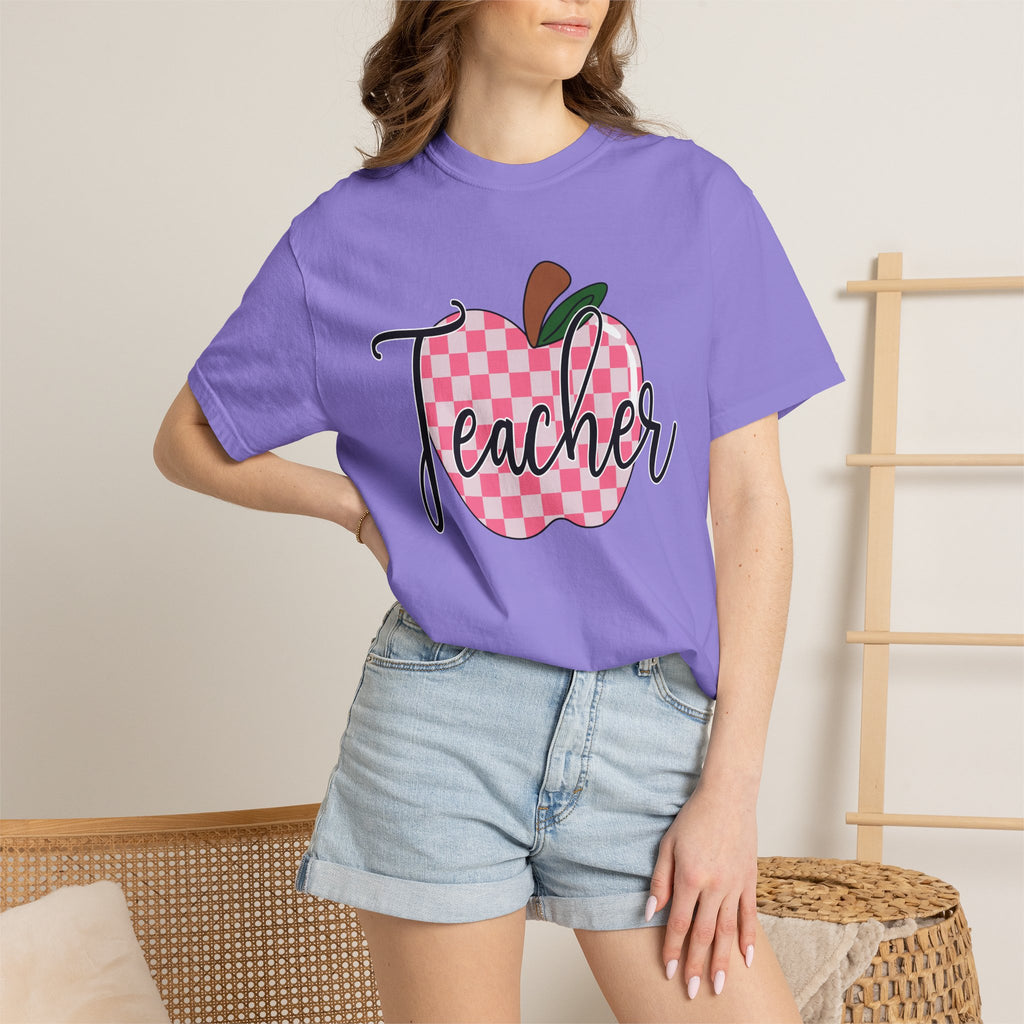 Teacher Apple T-Shirt — Pink Checkered Apple Teacher Tee