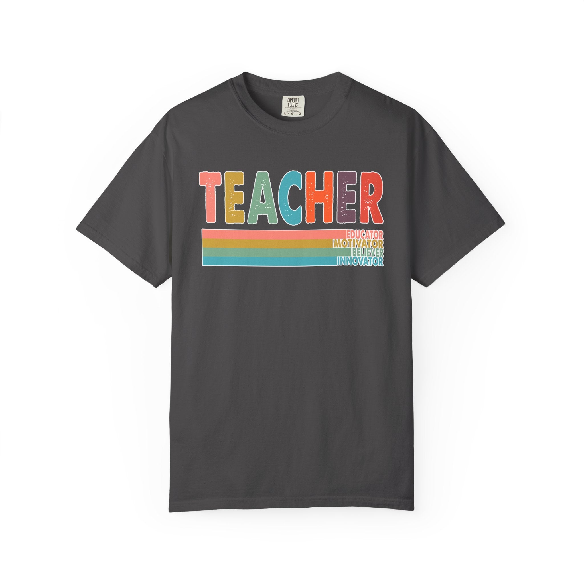 Teacher Rainbow Stripes T-Shirt — Retro Colorful Educator Tee