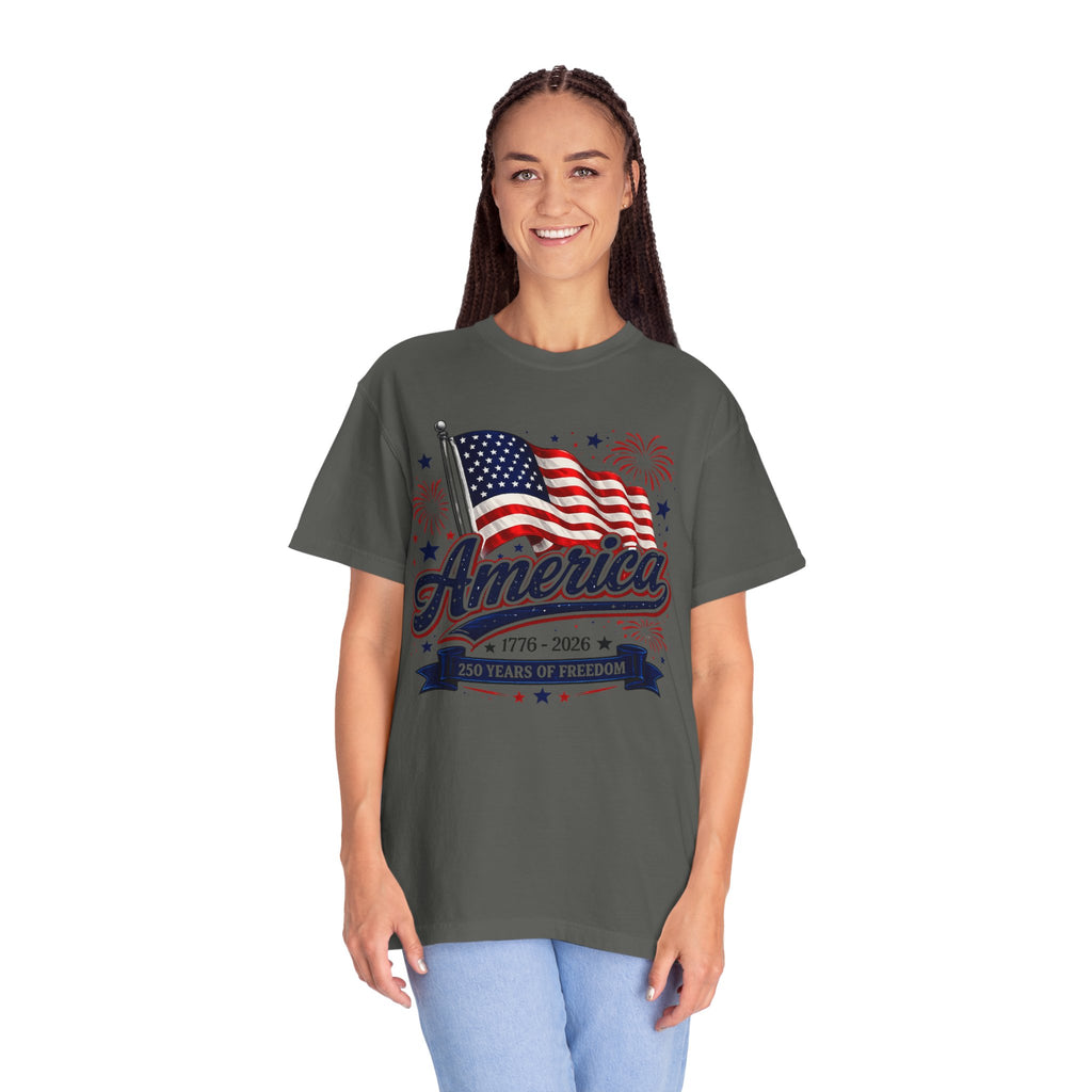 America 250th Anniversary T-Shirt — "America" Flag & Fireworks 1776–2026