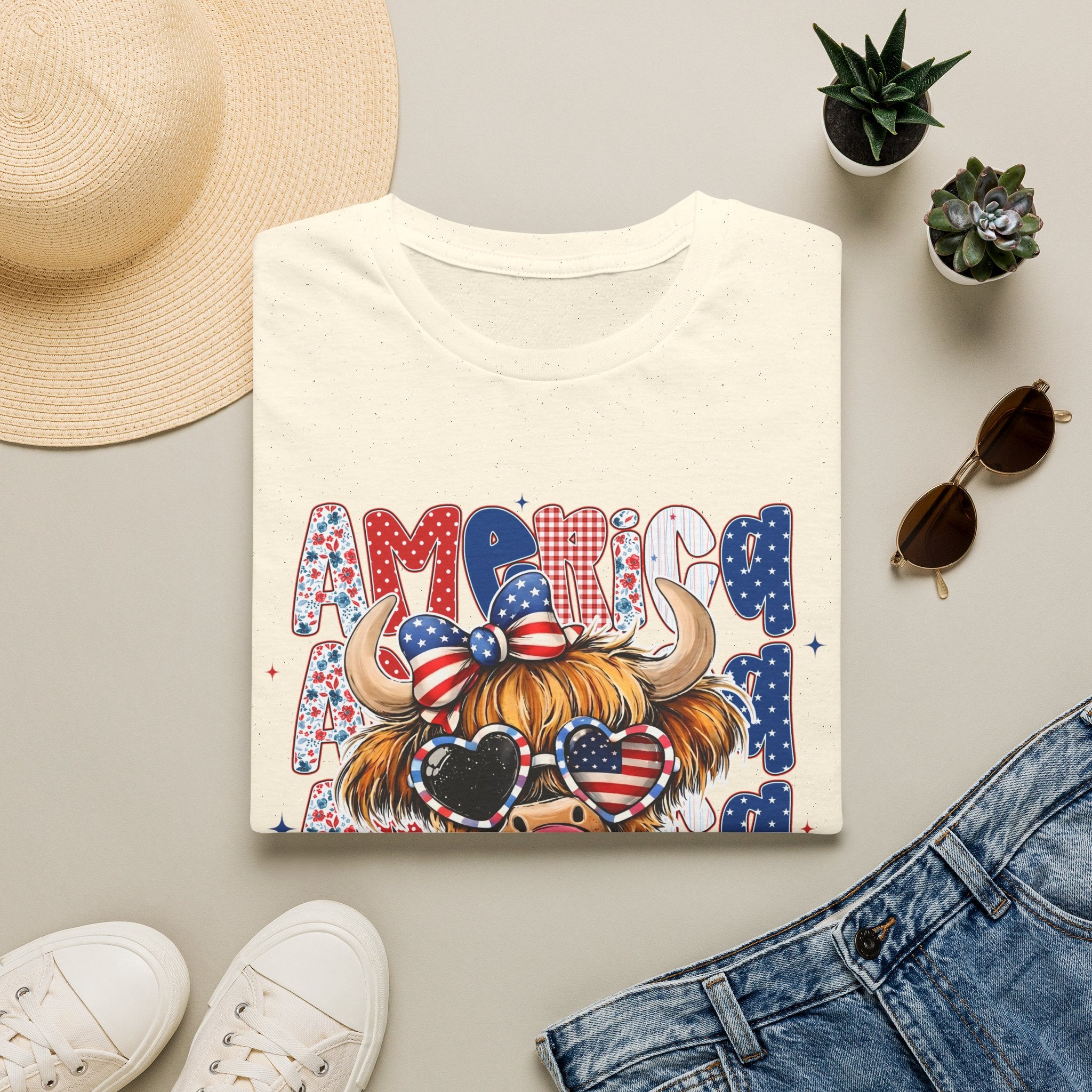 Patriotic Highland Cow T-Shirt — 'Land of the Free' 4th of July Tee