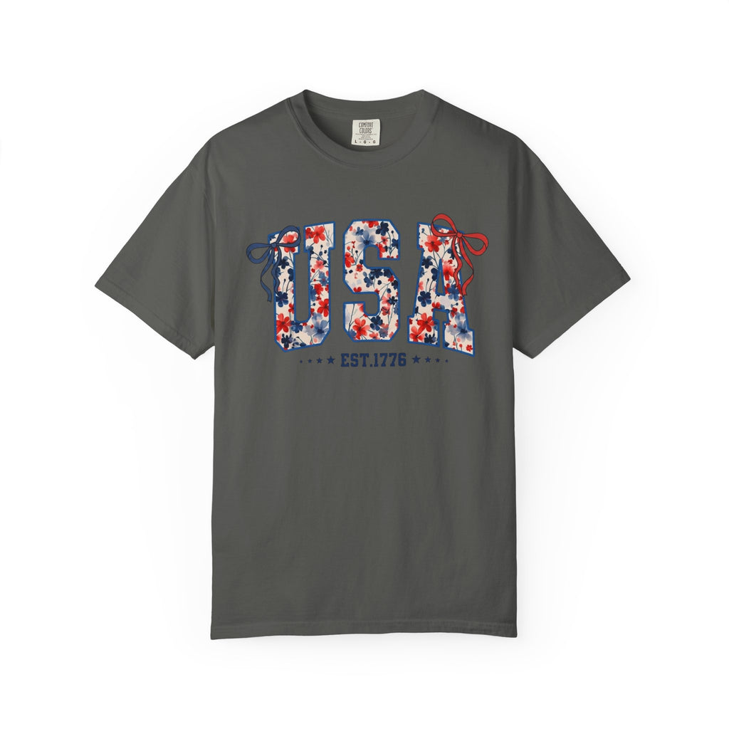 USA Floral Graphic T-Shirt — EST.1776 Patriotic Fourth of July Tee