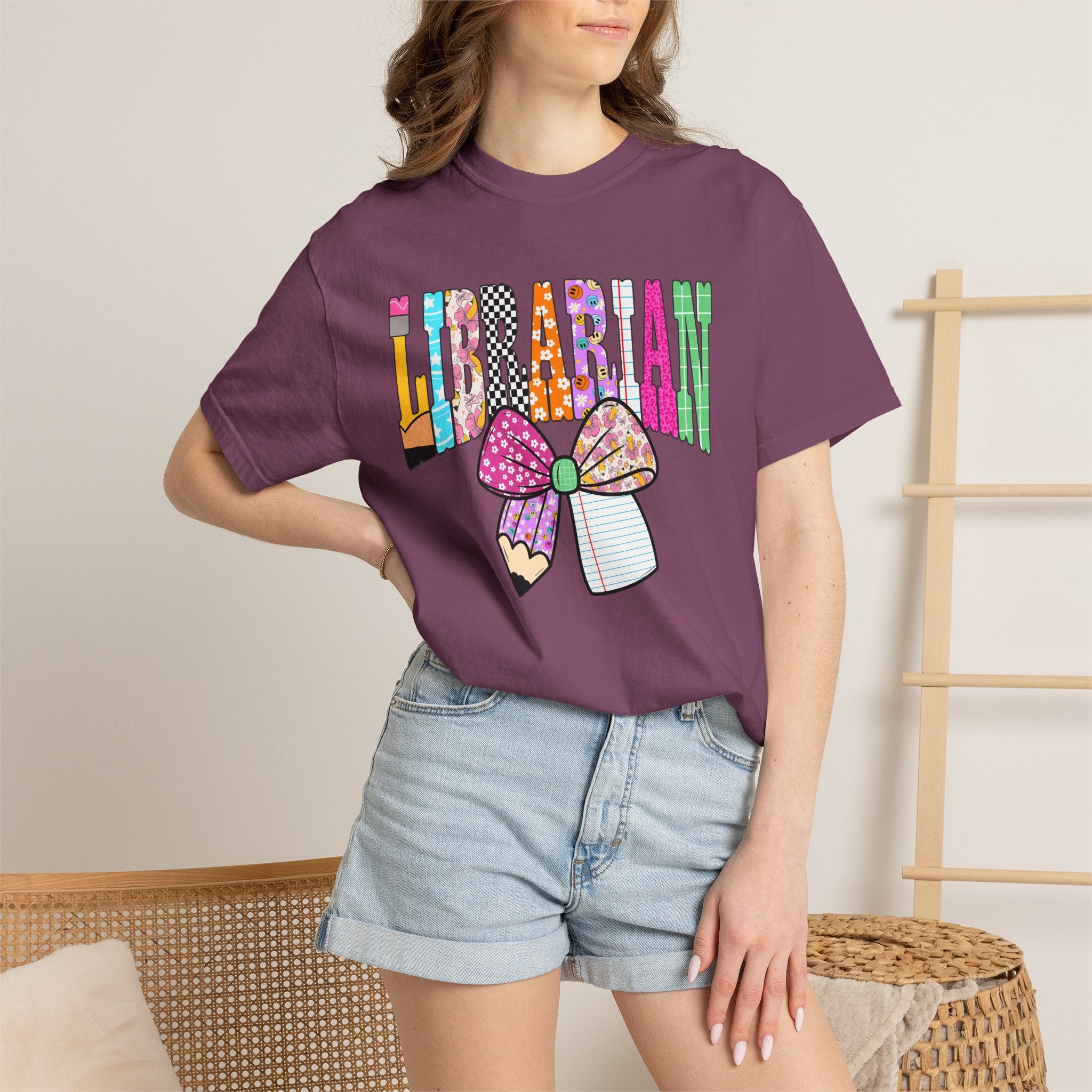 Librarian Graphic T‑Shirt — Colorful Bookish Bow Design