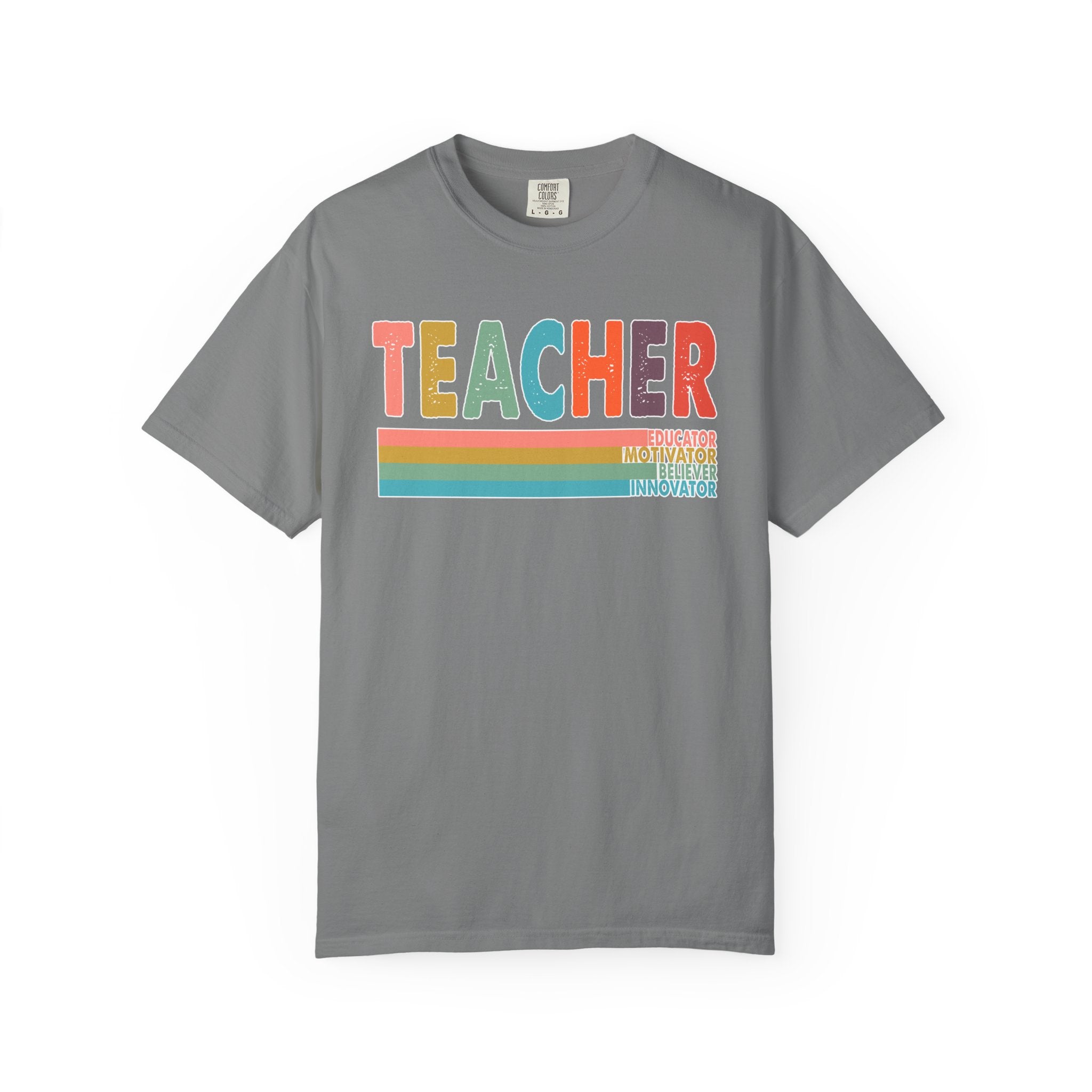 Teacher Rainbow Stripes T-Shirt — Retro Colorful Educator Tee