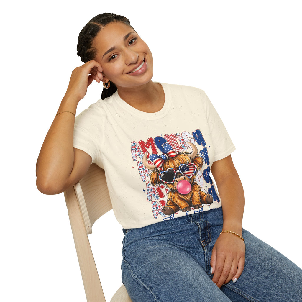 Patriotic Highland Cow T-Shirt — 'Land of the Free' 4th of July Tee