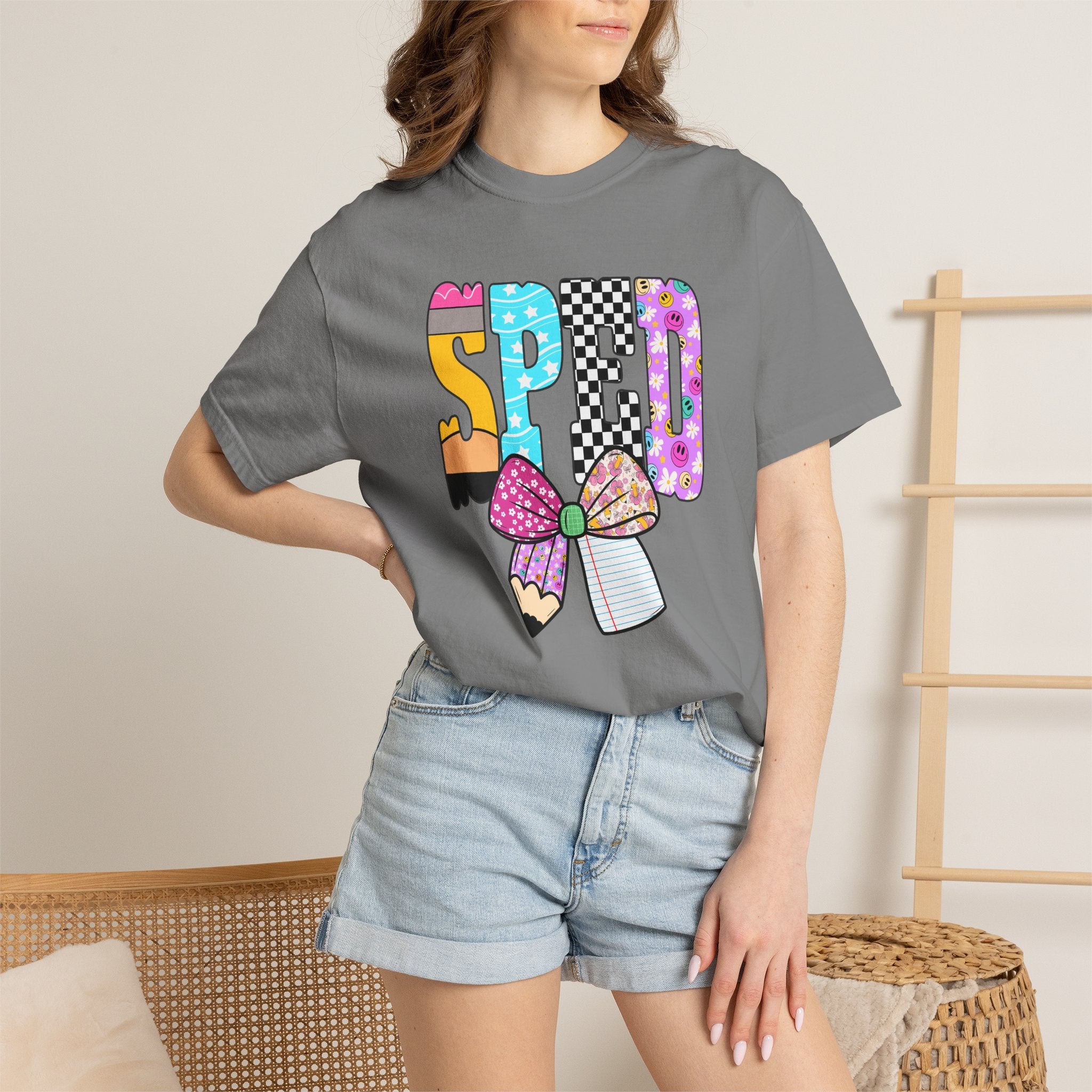 Spring Pencil Bow T-Shirt — Cute Colorful 'SPRING' Graphic Tee
