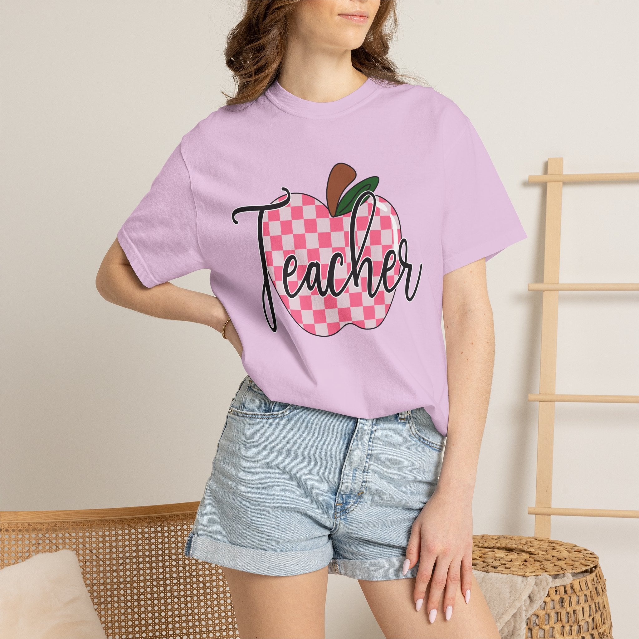 Teacher Apple T-Shirt — Pink Checkered Apple Teacher Tee