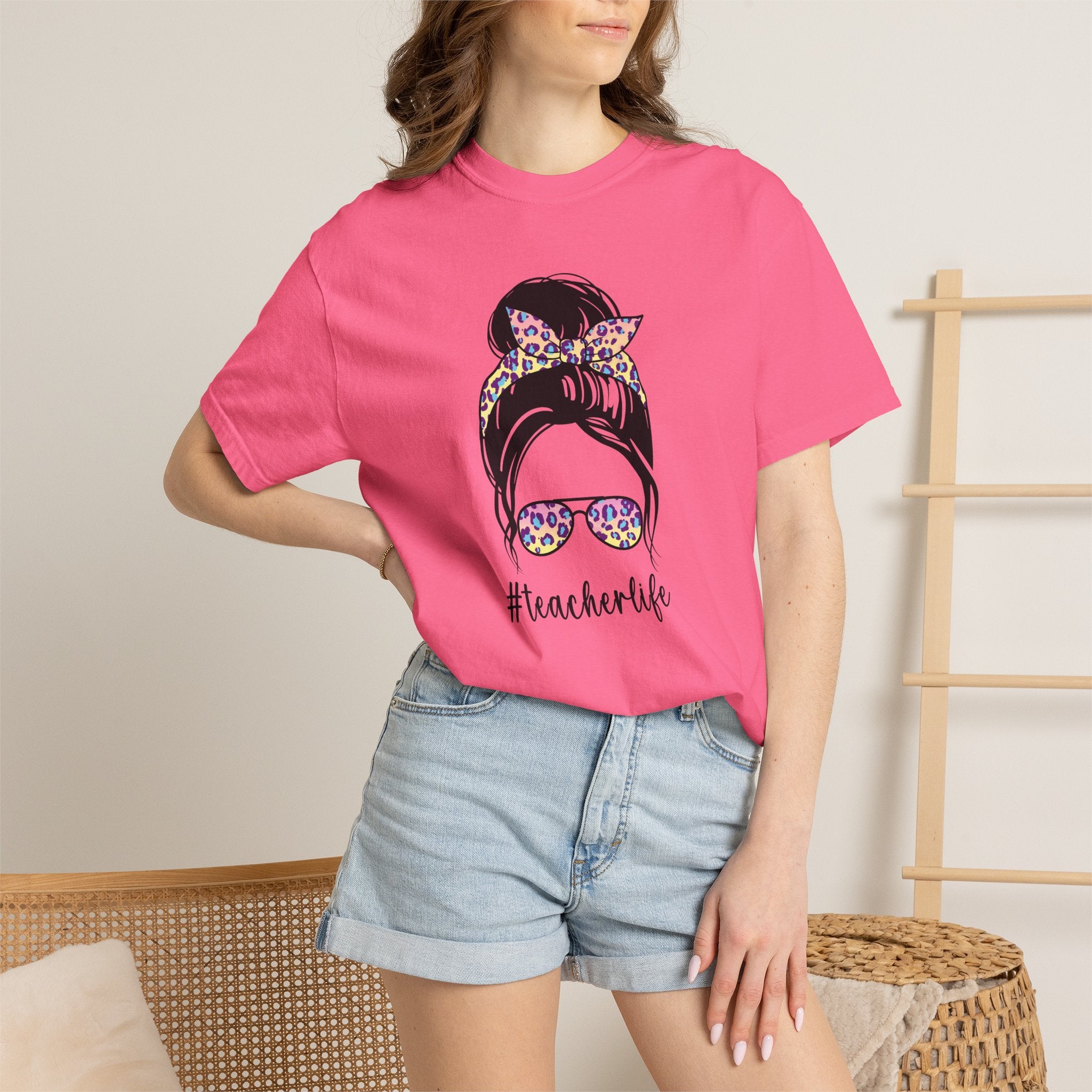 Teacher Life Floral Messy Bun T-Shirt