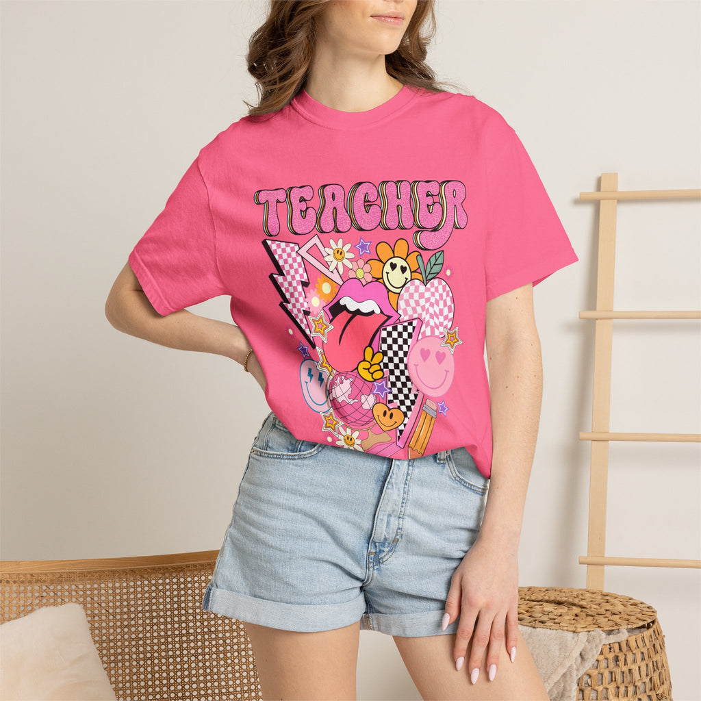 Teacher Retro Pop Graphic T‑Shirt — Cute Pink School Staff Shirt