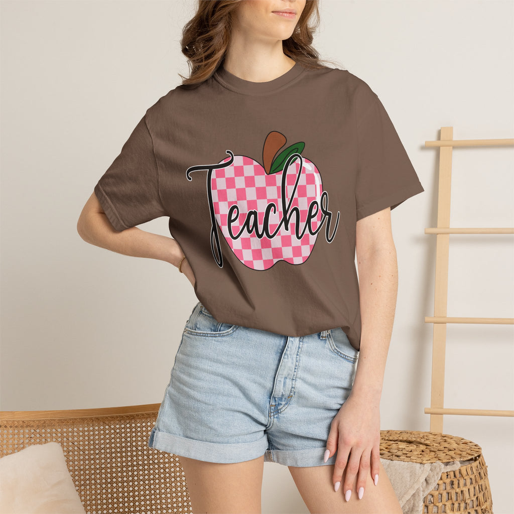 Teacher Apple T-Shirt — Pink Checkered Apple Teacher Tee